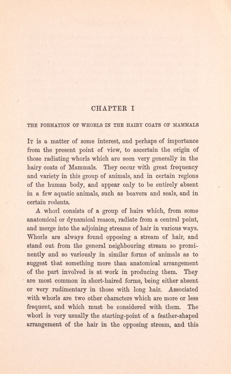 CHAPTEE I the foemation of whoels in the hairy coats of mammals It is a matter of some interest, and perhaps of importance from the present point of view, to ascertain the origin of those radiating whorls which are seen very generally in the hairy coats of Mammals. They occur with great frequency and variety in this group of animals, and in certain regions of the human body, and appear only to be entirely absent in a few aquatic animals, such as beavers and seals, and in certain rodents. A whorl consists of a group of hairs which, from some anatomical or dynamical reason, radiate from a central point, and merge into the adjoining streams of hair in various ways. Whorls are always found opposing a stream of hair, and stand out from the general neighbouring stream so promi¬ nently and so variously in similar forms of animals as to suggest that something more than anatomical arrangement of the part involved is at work in producing them. They are most common in short-haired forms, being either absent or very rudimentary in those with long hair. Associated with whorls are two other characters which are more or less frequent, and which must be considered with them. The whorl is very usually the starting-point of a feather-shaped arrangement of the hair in the opposing stream, and this