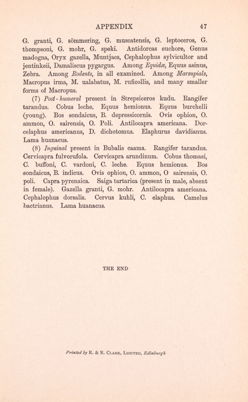 APPENDIX 47 G. granii, G. sömmering, G. muscatensis, G. leptoceros, G. thompsoni, G. mohr, G. speki. Antidorcas euchore, Genus madogna, Oryx gazella, Muntjacs, Cephalophus sylvicultor and jentinkeii, Damaliscus pygargus. Among Equidm, Equus asinus, Zebra. Among Rodents, in all examined. Among Marsupials, Macropus irma, M. ualabatus, M. rufîcollis, and many smaller forms of Macropus. (7) Post-humeral present in Strepsiceros kudu. Eangifer tarandus. Cobus leche. Equus hemionus. Equus burchelli (young). Bos sondaicus, B. depressicornis. Ovis ophion, 0. ammon, 0. sairensis, O. Poli. Antilocapra americana. Dor- celaphus americanus, D. dichotomus. Elaphurus davidianus. Lama huanacus. (8) Inguinal present in Bubalis caama. Eangifer tarandus. Cervicapra fulvorufola. Cervicapra arundinum. Cobus thomasi, C. buffoni, С. vardoni, С. leche. Equus hemionus. Bos sondaicus, B. indicus. Ovis ophion, 0. ammon, 0 sairensis, O. poli. Capra pyrenaica. Saiga tartarica (present in male, absent in female). Gazella granti, G. mohr. Antilocapra americana. Cephalophus dorsalis. Cervus kuhli, C. elaphus. Camelus bactrianus. Lama huanacus. THE END Printed by R. & R. Clark, Limited, Edinburgh