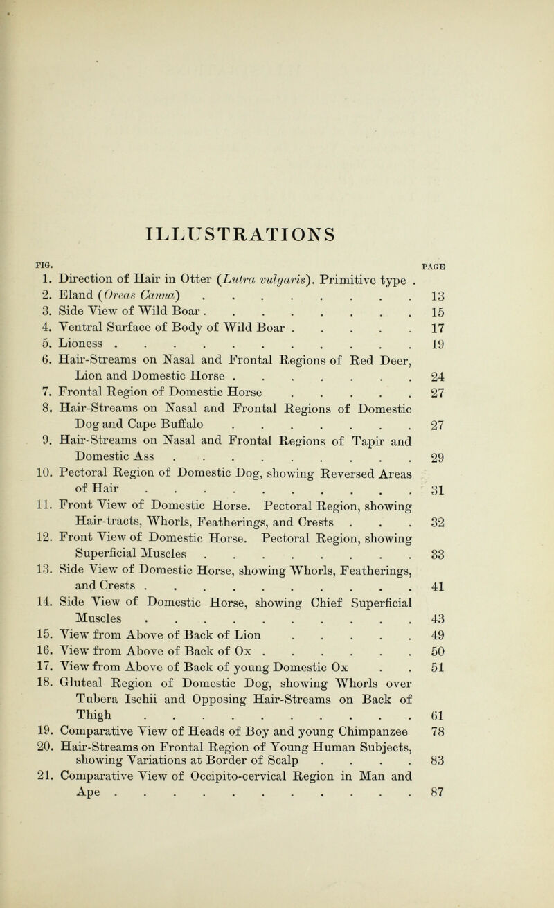 ILLUSTRATIONS FIG. PAGE 1. Direction of Hair in Otter {Lutra vulgaris). Primitive type . 4. Ventral Surface of Body of Wild Boar 17 5. Lioness ........... 19 6. Hair-Streams on Nasal and Frontal Regions of Red Deer, Lion and Domestic Horse ....... 24 7. Frontal Region of Domestic Horse ..... 27 8. Hair-Streams on Nasal and Frontal Regions of Domestic Dog and Cape Buffalo 27 9. Hair-Streams on Nasal and Frontal Reunions of Tapir and Domestic Ass 29 10. Pectoral Region of Domestic Dog, showing Reversed Areas of Hair 31 11. Front View of Domestic Horse. Pectoral Region, showing Hair-tracts, Whorls, Featherings, and Crests ... 32 12. Front View of Domestic Horse. Pectoral Region, showing Superficial Muscles 33 13. Side View of Domestic Horse, showing Whorls, Featherings, and Crests 41 14. Side View of Domestic Horse, showing Chief Superficial Muscles 43 15. View from Above of Back of Lion 49 16. View from Above of Back of Ox 50 17. View from Above of Back of young Domestic Ox . . 51 18. Gluteal Region of Domestic Dog, showing Whorls over Tubera Ischii and Opposing Hair-Streams on Back of Thigh .......... 61 19. Comparative View of Heads of Boy and young Chimpanzee 78 20. Hair-Streams on Frontal Region of Young Human Subjects, showing Variations at Border of Scalp .... 83 21. Comparative View of Occipito-cervical Region in Man and Ape 87 2. Eland {Oreas Canna') 3. Side View of Wild Boar 13 15