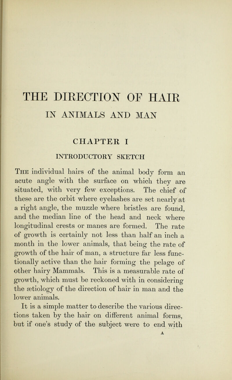 THE DIRECTIOií OF HAIR IN ANIMALS AND MAN CHAPTER I INTJiODUCTORY SKETCH The individual hairs of the animal body form an acute angle with the surface on which they are situated, with very few exceptions. The chief of these are the orbit where eyelashes are set nearly at a right angle, the muzzle where bristles are found, and the median line of the head and neck where longitudinal crests or manes are formed. The rate of growth is certainly not less than half an inch a month in the lower animals, that being the rate of growth of the hair of man, a structure far less func¬ tionally active than the hair forming the pelage of other hairy Mammals. This is a measurable rate of growth, which must be reckoned with in considering the aetiology of the direction of hair in man and the lower animals. It is a simple matter to describe the various direc¬ tions taken by the hair on different animal forms, but if one's study of the subject were to end \vith