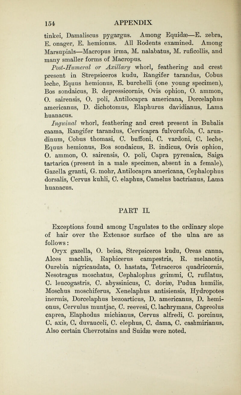 154 APPENDIX tinkei, Damaliscus pygargus. Among Equidse—E. zebra, E. onager, E. hemionus. All Eodents examined. Among Marsupials—Macropus irma, M. nalabatus, M. ruficollis, and many smaller forms of Macropus. Post-Humeral or Axillary whorl, feathering and crest present in Strepsiceros kudu, Rangifer tarandus, Cobus leche, Equus hemionus, E. burchelli (one young specimen), Bos sondaicus, B. depressicornis, Ovis ophion, 0. ammon, 0. sairensis, 0. poli, Antilocapra americana, Dorcelaphus americanus, D. dichotomus, Elaphurus davidianus, Lama huanacus. Inguinal whorl, feathering and crest present in Bubalis caama, Rangifer tarandus, Cervicapra fulvorufola, 0. arun- dinum, Cobus thomasi, 0. buffoni, 0. vardoni, 0, leche, Equus hemionus. Bos sondaicus, B. indicus, Ovis ophion, 0. ammon, 0. sairensis, O. poli. Capra pyrenaica, Saiga tartarica (present in a male specimen, absent in a female), Gazella granti, G. mohr, Antilocapra americana, Cephalophus dorsalis, Cervus kuhli, C. elaphus, Camelus bactrianus, Lama huanacus. PART IL Exceptions found among Ungulates to the ordinary slope of hair over the Extensor surface of the ulna are as follows : Oryx gazella, O. beisa, Strepsiceros kudu, Oreas canna, Alces machlis, Raphicerus campestris, R. melanotis, Ourebia nigricaudata, O. bastata, Tetraceros quadricornis, Nesotragus moschatus, Cephalophus grimmi, C. rufilatus, C. leucogastris, C. abyssiniens, С. doriae, Pudua humilis, Moschus moschiferus, Xenelaphus antisiensis, Hydropotes inermis, Dorcelaphus bezoarticus, D. americanus, D. hemi¬ onus, Cervulus muntjac, C. reevesi, C. lachrymans, Capreolus caprea, Elaphodus michianus, Cervus alfredi, C. porcinus, C. axis, C. duvauceli, C. elephus, C. dama, С. cashmirianus. Also certain Chevrotains and Suidae were noted.