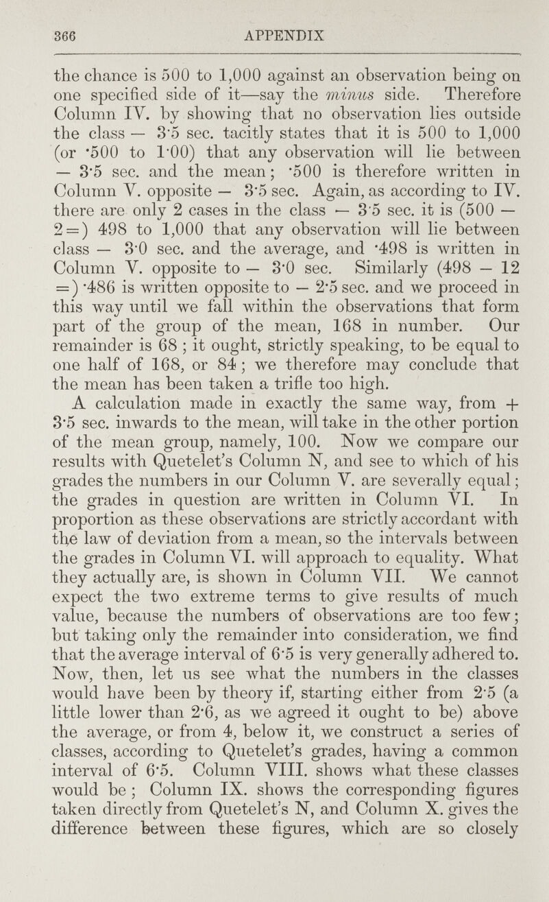 366 APPENDIX the chance is 500 to 1,000 against an observation being on one specified side of it—say the minus side. Therefore Column 1У. by showing that no observation lies outside the class — 3'5 sec. tacitly states that it is 500 to 1,000 (or *500 to 1*00) that any observation will lie between — 35 sec. and the mean ; *500 is therefore written in Column y. opposite — 8'5 sec. Again, as according to IV. there are only 2 cases in the class — 3'5 sec. it is (500 — 2 = ) 498 to 1,000 that any observation will lie between class — 3*0 sec. and the average, and *498 is written in Column y. opposite to — 3*0 sec. Similarly (498 — 12 = ) '486 is written opposite to — 2*5 sec. and we proceed in this way until we fall within the observations that form part of the group of the mean, 168 in number. Our remainder is 68 ; it ought, strictly speaking, to be equal to one half of 168, or 84 ; we therefore may conclude that the mean has been taken a trifle too high. A calculation made in exactly the same way, from + 3*5 sec. inwards to the mean, will take in the other portion of the mean group, namely, 100. Now Ave compare our results with Quetelet's Column N, and see to which of his grades the numbers in our Column У. are severally equal ; the grades in question are written in Column У1. In proportion as these observations are strictly accordant with the law of deviation from a mean, so the intervals between the grades in Column У1. will approach to equality. What they actually are, is shown in Column У11. We cannot expect the two extreme terms to give results of much value, because the numbers of observations are too few; but taking only the remainder into consideration, we find that the average interval of 6'5 is very generally adhered to. Now, then, let us see what the numbers in the classes would have been by theory if, starting either from 2'5 (a little lower than 2*6, as we agreed it ought to be) above the average, or from 4, below it, we construct a series of classes, according to Quetelet's grades, having a common interval of 6'5. Column У III. shows what these classes would be ; Column IX. shows the corresponding figures taken directly from Quetelet's N, and Column X. gives the difference between these figures, which are so closely
