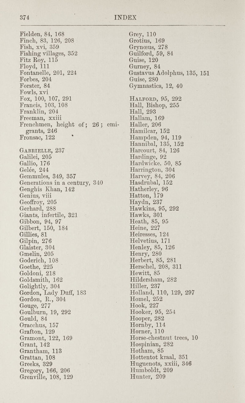 374 INDEX Fielden, 84, 168 Finch, 83, 126, 208 Fish, xvi, 359 Fishing villages, 352 Fitz Roy, 115 Floyd, 111 Fontanelle, 201, 224 Forbes, 204 Forster, 84 Fowls, xvi Fox, 100, 107, 291 Francis, 103, 108 Franklin, 204 Freeman, xxiii Frenchmen, height of ; 26 ; grants, 246 Fronsac, 122 Gabrielle, 237 Galilei, 205 Gallio, 176 Gelée, 244 Gemmules, 349, 357 Generations in a century, 340 Genghis Khan, 142 Genius, viii Geoffroy, 205 Gerhard, 288 Giants, infertile, 321 Gibbon, 94, 97 Gilbert, 150, 184 Gillies, 81 Gilpin, 276 Glaister, 304 Gmelin, 205 Goderich, 108 Goethe, 225 Goldoni, 218 Goldsmith, 162 Golightly, 304 Gordon, Lady Duff, 183 Gordon, R., 304 Gouge, 277 Goulburn, 19, 292 Gould, 84 Gracchus, 157 Grafton, 129 Gramont, 122, 169 Grant, 142 Grantham, 113 Grattan, 108 Greeks, 329 Gregory, 166, 206 Grenville, 108, 129 Grey, 110 Grotius, 169 Grynœus, 278 Guilford, 59, 84 Guise, 120 Gurney, 84 Gusta vus Adolphus, 135, 151 Guise, 280 Gymnastics, 12, 40 Halfoed, 95, 292 Hall, Bishop, 255 Hall, 293 Hallam, 169 Haller, 206 Hamilcar, 152 Hampden, 94, 119 Hannibal, 135, 152 Harcourt, 84, 126 Hardinge, 92 Hardwicke, 50, 85 Harrington, 304 Harvey, 84, 206 Hasdrubal, 152 Hatherley, 96 Hatton, 179 Haydn, 237 Hawkins, 95, 292 Hawks, 301 Heath, 85, 95 Heine, 227 Heiresses, 124 Helvetius, 171 Henley, 85, 126 Henry, 280 Herbert, 85, 281 Herschel, 208, 311 Hewitt, 85 Hildersham, 282 Hiller, 237 Holland, 110, 129, 297 Hömel, 252 Hook, 227 Hooker, 95, 254 Hooper, 282 Hornby, 114 Horner, 110 Horse-chestnut trees, 10 Hospinian, 282 Hotham, 85 Hottentot kraal, 351 Huguenots, xxiii, 346 Humboldt, 209 Hunter, 209