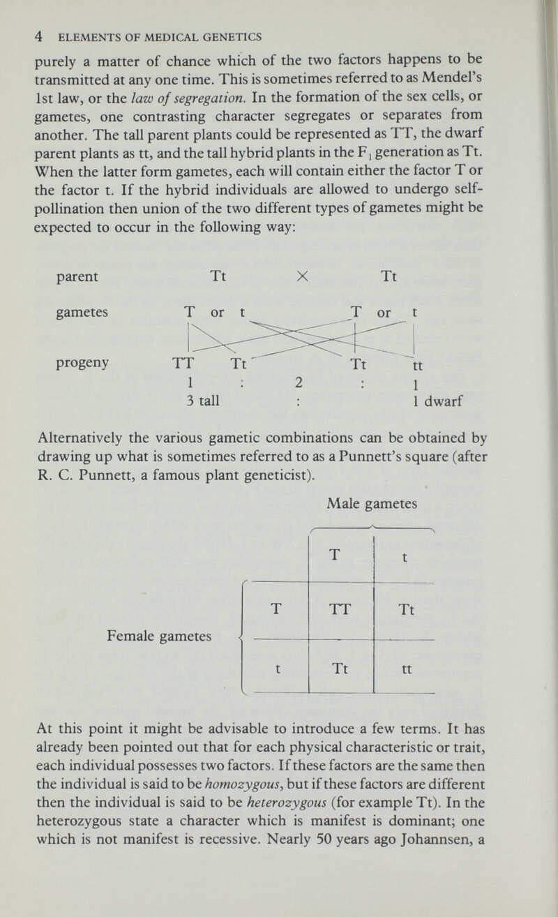 6 ELEMENTS OF MEDICAL GENETICS rediscovered by three biologists: Hugo de Vries, Professor of Botany in the University of Amsterdam, Carl Correns, a botanist at the University of Tiibingen, and Erich von Tschermak-Seysenegg, an assistant in the agricultural experimental station at Esslingen near Vienna. All three investigators quite independently arrived at the same conclusion as Mendel had. It is a matter for regret that Mendel died 16 years before his work became generally recognised as being among the most important scientific discoveries of all time. THE CHROMOSOME THEORY OF INHERITANCE As interest in 'Mendelian Inheritance' grew there was much speculation about its physical basis. It was well known that plants and animals were composed of millions of cells, and that each cell contained a nucleus and that within the nucleus were a number of minute threadlike structures called chromosomes, so called because of their affinity for certain stains {chroma = colour). But until 1903 when Walter S. Sutton and Theodor Boveri independently proposed the chromosome theory of heredity, the association between these minute structures and the phenomenon of inheritance had not been recognised. According to this theory the chromosomes carry the hereditary factors or genes, and the behaviour of the chromosomes at cell division provides the explanation for Mendelian inheritance. The chromosome theory of inheritance is one of the most important concepts in biology, and will be discussed in more detail later. It is interesting to note that Sutton made this major contribution while still a medical student. He later became a surgeon and died at the age of 39 from appendicitis, without ever returning to the field of study which had made him famous. THE FRUIT FLY Until 1905, most of the experimental work on genetics had been carried out on plants, but in that year Castle introduced to the laboratory an animal which was to be a major tool in genetic research for many years to come. This was the fruit fly Drosophila, which possesses certain distinct advantages for those interested in studying genetics. First, it can be bred in the laboratory with ease. Second, the female produces thousands of eggs during her lifetime and because Drosophila develops so rapidly it is possible to study 20 to 25 generations in a year. In man, 25 generations would take about 750 years. Finally, Drosophila melanogaster, the species most frequently studied, has only four pairs of chromosomes, each pair having a