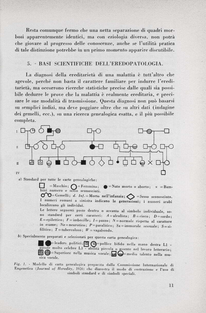 Resta comunque fermo che una netta separazione di quadri mor bosi apparentemente identici, ma con eziologia diversa, non potrà che giovare al progresso delle conoscenze, anche se l'utilità pratica di tale distinzione potrebbe in un primo momento apparire discutibile. 5. - BASI SCIENTIFICHE DELL'EREDOPATOLOGIA. La diagnosi della ereditarietà di una malattia è tutt'altro che agevole, perché non basta il carattere familiare per indurre l'eredi tarietà, ma occorrono ricerche statistiche precise dalle quali sia possi bile dedurre le prove che la malattia è realmente ereditaria, e preci sare le sue modalità di trasmissione. Questa diagnosi non può basarsi su semplici indizi, ma deve poggiare oltre che su altri dati (indagine dei gemelli, ecc.), su una ricerca genealogica esatta, e il più possibile completa. i Or© 5 QrO àjóoòró 4 -5 -a D -t Ò O t O IV iTò-é ò <i> ¿i A à ò è X cHro N/ Li M □ i = Nato morto o aborto; x = Barn- ai Standard per tutte le carte genealogiche: I I = Maschio; — Femmina ; bini numero e sesso sconosciuti, eoo — Gemelli; d. Inj. = Morto nell'infanzia; O = Sesso sconosciuto. I numeri romani a sinistra indicano le generazioni; i numeri arabi localizzano gli individui. Le lettere seguenti poste dentro o accanto al simbolo individuale, so no standard per certi caratteri: A =alcolista ; ß = cieco; D = sordo; E = epilettico ; F= imbecille; / = pazzo ; /V = normale rispetto al carattere in esame; /Ve = neurotico; P= paralitico ; Sx = immorale sessuale; S = si- filitico; T = tubercoloso ; W = vagabondo. b) Specialmente preparati e selezionati per questa carta genealogica: leaders politici pollice bifido nella mano destra Li - ni0 ^° ce ^ e ^ re L3 - abilità piccola o assente nel lavoro letterario; kíáJ Superiore nella musica vocale; medio talento nella mu sica vocale. Fig. 1. - Modello di carta genealogica preparata dalla Commissione Internazionale di Eugenetica (Journal of Heredity , 1926) che dimostra il modo di costruzione e l'uso di simboli standard e di simboli speciali.