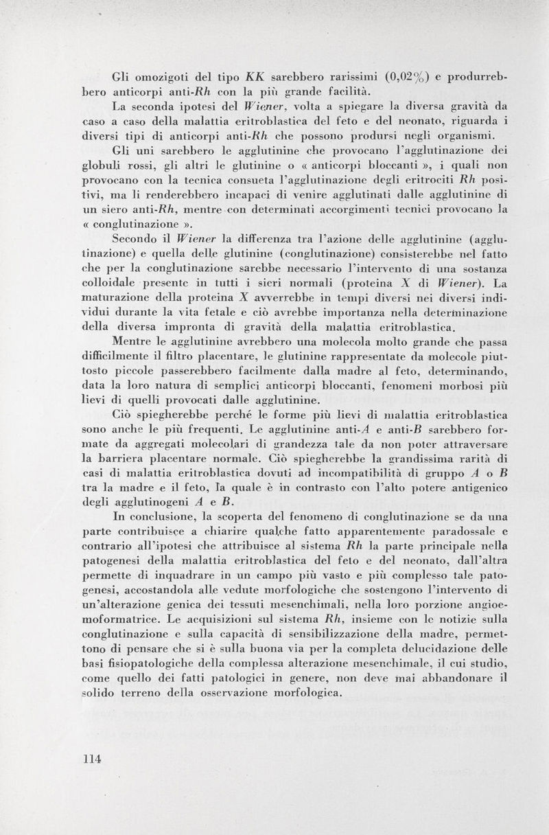 Gli omozigoti del tipo KK sarebbero rarissimi (0,02%) e produrreb bero anticorpi ariti -Rh con la più grande facilità. La seconda ipotesi del Wiener, volta a spiegare la diversa gravità da caso a caso della malattia erilroblastica del feto e del neonato, riguarda i diversi tipi di anticorpi anú-Rh che possono prodursi negli organismi. Gli uni sarebbero le agglutinine che provocano l'agglutinazione dei globuli rossi, gli altri le glutinine o « anticorpi bloccanti », i quali non provocano con la tecnica consueta l'agglutinazione degli eritrociti Rh posi tivi, ma li renderebbero incapaci di venire agglutinati dalle agglutinine di un siero anti -Rh, mentre con determinati accorgimenti tecnici provocano la « conglutinazione ». Secondo il Wiener la differenza tra l'azione delle agglutinine (agglu tinazione) e quella delle glutinine (conglutinazione) consisterebbe nel fatto che per la conglutinazione sarebbe necessario l'intervento di una sostanza colloidale presente in tutti i sieri normali (proteina X di Wiener ). La maturazione della proteina X avverrebbe in tempi diversi nei diversi indi vidui durante la vita fetale e ciò avrebbe importanza nella determinazione della diversa impronta di gravità della malattia eritroblastica. Mentre le agglutinine avrebbero una molecola molto grande che passa difficilmente il filtro placentare, le glutinine rappresentate da molecole piut tosto piccole passerebbero facilmente dalla madre al feto, determinando, data la loro natura di semplici anticorpi bloccanti, fenomeni morbosi più lievi di quelli provocati dalle agglutinine. Ciò spiegherebbe perché le forme più lievi di malattia eritroblastica sono anche le più frequenti. Le agglutinine anti-^4 e anti-B sarebbero for mate da aggregati molecolari di grandezza tale da non poter attraversare la barriera placentare normale. Ciò spiegherebbe la grandissima rarità di casi di malattia eritroblastica dovuti ad incompatibilità di gruppo A o B tra la madre e il feto, la quale è in contrasto con l'alto potere antigenico degli agglutinogen! A e B. In conclusione, la scoperta del fenomeno di conglutinazione se da una parte contribuisce a chiarire qualche fatto apparentemente paradossale e contrario all'ipotesi che attribuisce al sistema Rh la parte principale nella patogenesi della malattia eritroblastica del feto e del neonato, dall'altra permette di inquadrare in un campo più vasto e più complesso tale pato genesi, accostandola alle vedute morfologiche che sostengono l'intervento di un'alterazione genica dei tessuti mesenchimali, nella loro porzione angioe- moformatrice. Le acquisizioni sul sistema Rh, insieme con le notizie sulla conglutinazione e sulla capacità di sensibilizzazione della madre, permet tono di pensare che si è sulla buona via per la completa delucidazione delle basi fisiopatologiche della complessa alterazione mesenchimale, il cui studio, come quello dei fatti patologici in genere, non deve inai abbandonare il solido terreno della osservazione morfologica.