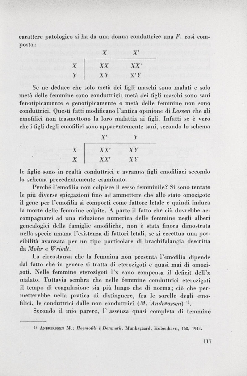 carattere patologico si ha da una donna conduttrice una Fi così com posta : X X' X Y XX XY XX' X'Y Se ne deduce che solo metà dei figli maschi sono malati e solo metà delle femmine sono conduttrici; metà dei figli maschi sono sani fenotipicamente e genotipicamente e metà delle femmine non sono conduttrici. Questi fatti modificano l'antica opinione di Lossen che gli emofilici non trasmettono la loro malattia ai figli. Infatti se è vero che i figli degli emofilici sono apparentemente sani, secondo lo schema le figlie sono in realtà conduttrici e avranno figli emofiliaci secondo 10 schema precedentemente esaminato. Perché l'emofilia non colpisce il sesso femminile? Si sono tentate le più diverse spiegazioni fino ad ammettere che allo stato omozigote 11 gene per l'emofilia si comporti come fattore letale e quindi induca la morte delle femmine colpite. Á parte il fatto che ciò dovrebbe ac compagnarsi ad una riduzione numerica delle femmine negli alberi genealogici delle famiglie emofiliche, non è stata finora dimostrata nella specie umana l'esistenza di fattori letali, se si eccettua una pos sibilità avanzata per un tipo particolare di brachifalangia descritta da Möhr e Wriedt. La circostanza che la femmina non presenta l'emofilia dipende dal fatto che in genere si tratta di eterozigoti e quasi mai di omozi goti. Nelle femmine eterozigoti l'x sano compensa il deficit dell'x inalato. Tuttavia sembra che nelle femmine conduttrici eterozigoti il tempo di coagulazione sia più lungo che di norma; ciò che per metterebbe nella pratica di distinguere, fra le sorelle degli emo filici, le conduttrici dalle non conduttrici (M. Andreassen) . Secondo il mio parere, 1' assenza quasi completa di femmine 1) Andrea s sen M.: Haemofilì i Danmark. Munksgaard, Kobenhavn, 168, 1943. X Y X X XX' XY XX' XY