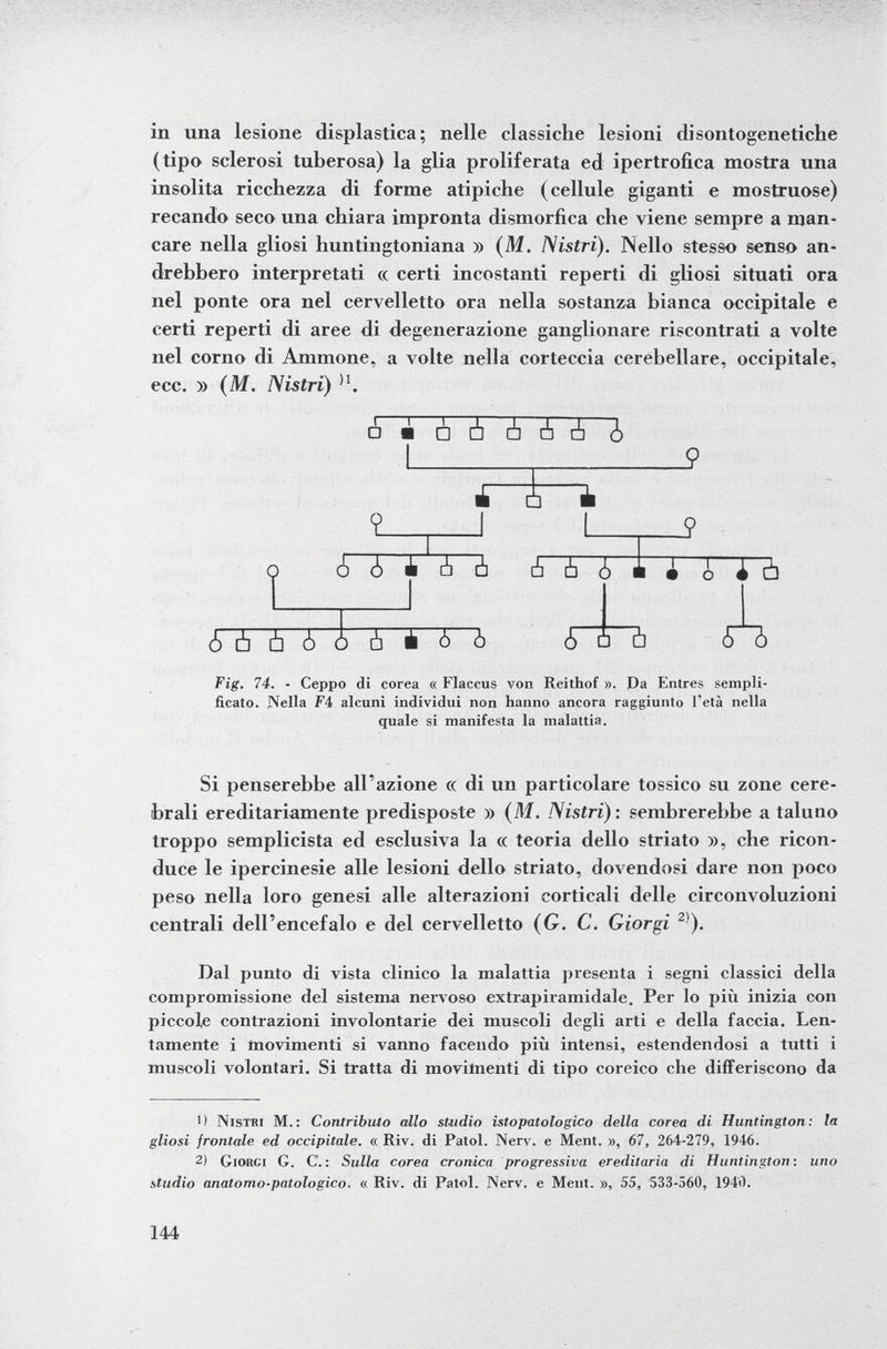 in una lesione displastica; nelle classiche lesioni disontogenetiche (tipo sclerosi tuberosa) la glia proliferata ed ipertrofica mostra una insolita ricchezza di forme atipiche (cellule giganti e mostruose) recando seco una chiara impronta dismorfica che viene sempre a man care nella gliosi huntingtoniana » (M. ISistri). Nello stesso senso an drebbero interpretati « certi incostanti reperti di gliosi situati ora nel ponte ora nel cervelletto ora nella sostanza bianca occipitale e certi reperti di aree di degenerazione ganglionare riscontrati a volte nel corno di Animone, a volte nella corteccia cerebellare, occipitale, ecc. » ( M. Nistri) I 1 1 - □ ■ □ 5 à à à J ? ï l 5 í 5 ä à à ¿ i 5 6 à à ¿ o à i 5 b i ~ò Fig. 74. - Ceppo di corea « Flaccus von Reithof ». Da Entres sempli ficato. Nella F4 alcuni individui non hanno ancora raggiunto l'età nella quale si manifesta la malattia. Si penserebbe all'azione « di un particolare tossico su zone cere brali ereditariamente predisposte » (M. Nistri ): sembrerebbe a taluno troppo semplicista ed esclusiva la « teoria dello striato », che ricon duce le ipercinesie alle lesioni dello striato, dovendosi dare non poco peso nella loro genesi alle alterazioni corticali delle circonvoluzioni centrali dell'encefalo e del cervelletto ( G. C. Giorgi 2) ). Dal punto di vista clinico la malattia presenta i segni classici della compromissione del sistema nervoso extrapiramidale. Per lo più inizia con piccole contrazioni involontarie dei muscoli degli arti e della faccia. Len tamente i movimenti si vanno facendo più intensi, estendendosi a tutti i muscoli volontari. Si tratta di movitnenti di tipo coreico che differiscono da 1) Nistri M.: Contributo allo studio istopatologico della corea di Huntington: la gliosi frontale ed occipitale. « Riv. di Patol. Nerv, e Ment. », 67, 264-279, 1946. 2) Giorgi G. C. : Sulla corea cronica progressiva ereditaria di Huntington : uno studio anatomo-patologico. « Riv. di Patol. Nerv, e Ment. », 55, 533-560, 1940.