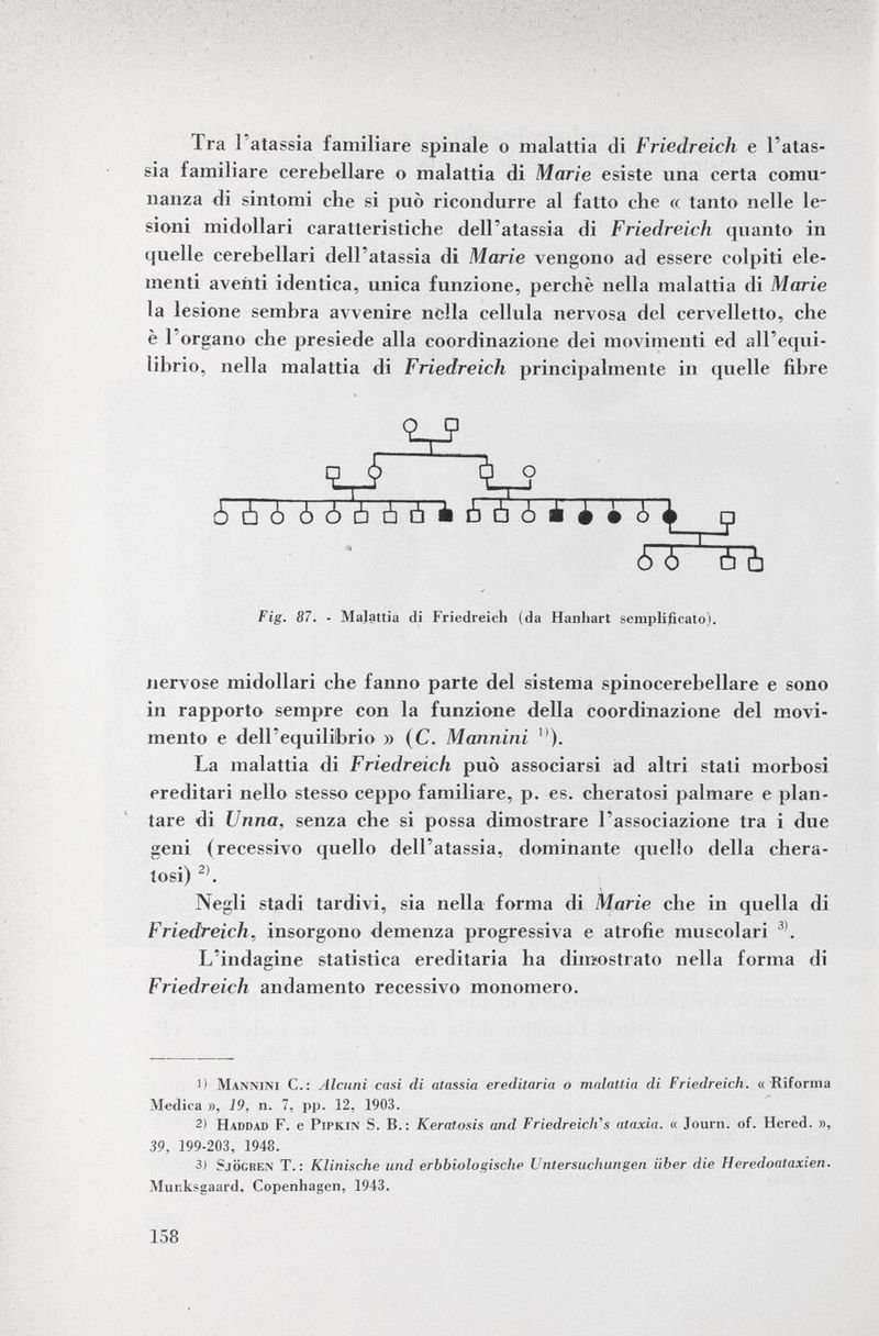 Tra l'atassia familiare spinale o malattia di Friedreich e l'atas sia familiare cerebellare o malattia di Marie esiste una certa comu nanza di sintomi che si può ricondurre al fatto che « tanto nelle le sioni midollari caratteristiche dell'atassia di Friedreich quanto in quelle cerebellari dell'atassia di Marie vengono ad essere colpiti ele menti aventi identica, unica funzione, perchè nella malattia di Marie la lesione sembra avvenire nella cellula nervosa del cervelletto, che è l'organo che presiede alla coordinazione dei movimenti ed all'equi librio, nella malattia di Friedreich principalmente in quelle fibre , V? , P? <? , 9 ò á ó ò ó à à □ ¿Faí Fig. 87. - Malattia di Friedreich (da Hanhart semplificato). nervose midollari che fanno parte del sistema spinocerebellare e sono in rapporto sempre con la funzione della coordinazione del movi mento e dell'equilibrio » ( C. Mannini °). La malattia di Friedreich può associarsi ad altri stati morbosi ereditari nello stesso ceppo familiare, p. es. cheratosi palmare e plan tare di Unna, senza che si possa dimostrare l'associazione tra i due geni (recessivo quello dell'atassia, dominante quello della chera tosi) 2) . Negli stadi tardivi, sia nella forma di Marie che in quella di Friedreich, insorgono demenza progressiva e atrofie muscolari 3) . L'indagine statistica ereditaria ha dimostrato nella forma di Friedreich andamento recessivo monomero. 1) Mannini C.: Alcuni casi di atassia ereditaria o malattia di Friedreich. « Riforma Medica », 19, n. 7, pp. 12, 1903. 2) Haddad F. e Pipkin S. B.: Keratosis and Friedreich's ataxia. « Journ. of. Hered. », 39, 199-203, 1948. 3) Sjögren T.: Klinische und erbbiologische Untersuchungen über die Heredoataxien. Munksgaard, Copenhagen, 1943.