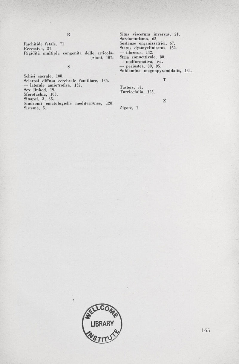 R Rachitide fetale, 71 Recessivo, 31. Rigidità multipla congenita delle articola- [zioni, 107. S Schisi sacrale, 108. Sclerosi diffusa cerebrale familiare, 135. — laterale amiotrofica, 132. Sex linked, 19. Sferofachia, 103. Sinapsi, 3, 35. Sindromi ematologiche mediterranee, 128. Sistema, 5. Situs viscerum inversus, 21. Sordomutismo, 62. Sostanze organizzatrici, 67. Status dysmyelinisatus, 152. — fibrosus, 142. Stria connettivale, 80. — malformativa, ivi. — periostea, 80, 95. Sublamina magnopyramidalis, 134. T Tasters, 31. Turricefalia, 125. Z Zigote, 1 LIBRARY