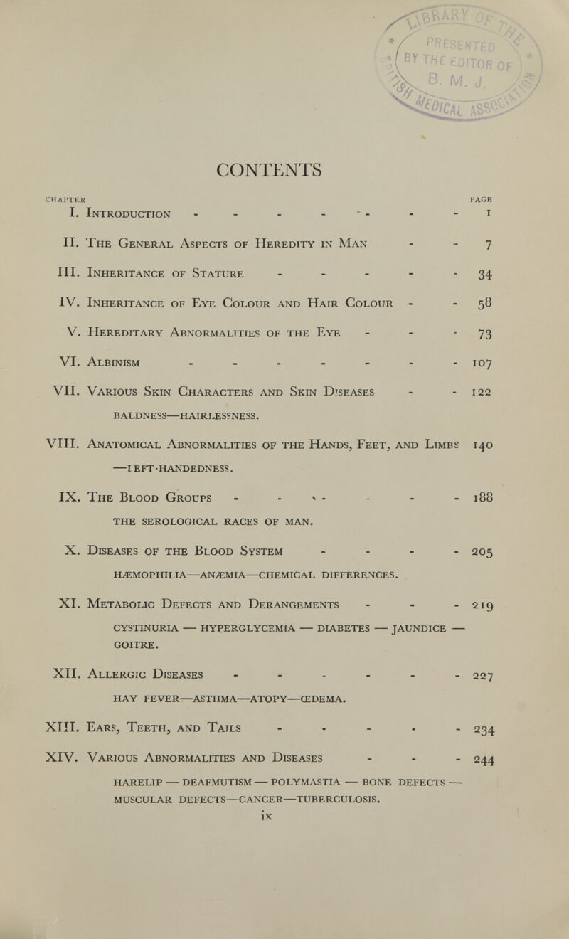 CONTENTS CHAPTER PAGE I. Introduction - - - -- - - i II. The General Aspects of Heredity in Man - - 7 III. Inheritance of Stature - - - - * 34 IV. Inheritance of Eye Colour and Hair Colour - - 58 V. Hereditary Abnormalities of the Eye - - 73 VI. Albinism - - - - - - -107 VII. Various Skin Characters and Skin Diseases - - 122 baldness—hairlessness. VIII. Anatomical Abnormalities of the Hands, Feet, and Limbs 140 —ieft-handedness. IX. The Blood Groups - . x - . . - 188 the serological races of man. X. Diseases of the Blood System . . . . 205 hemophilia—anemia chemical differences. XI. Metabolic Defects and Derangements - - - 219 cystinuria  hyperglycemia — diabetes jaundice  goitre. XII. Allergic Diseases - - - - - - 227 hay fever—asthma—^atopy—œdema. XIII. Ears, Teeth, and Tails - - - . . 234 XIV. Various Abnormalities and Diseases . . _ 244 harelip deafmutism polymastia — bone defects muscular defects—cancer—tuberculosis. ix