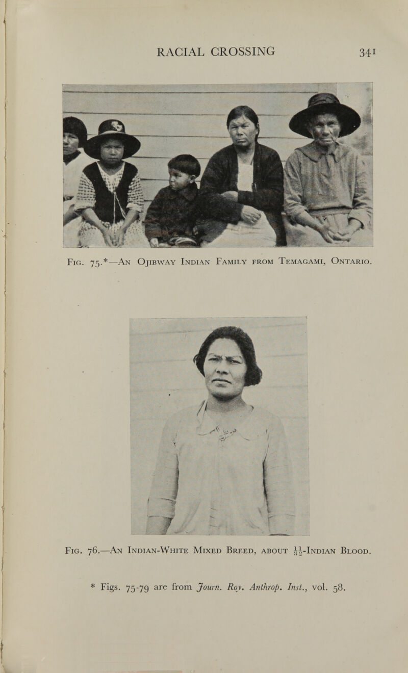 RACIAL GROSSING 341 Fig. 75.*—An Ojibway Indian Family from Temagami, Ontario. Fig. 76.—An Indian-White Mixed Breed, about ^|-Indian Blood. * Figs. 75-79 are from Journ. Roy. Anthrop. Inst., vol. 58.