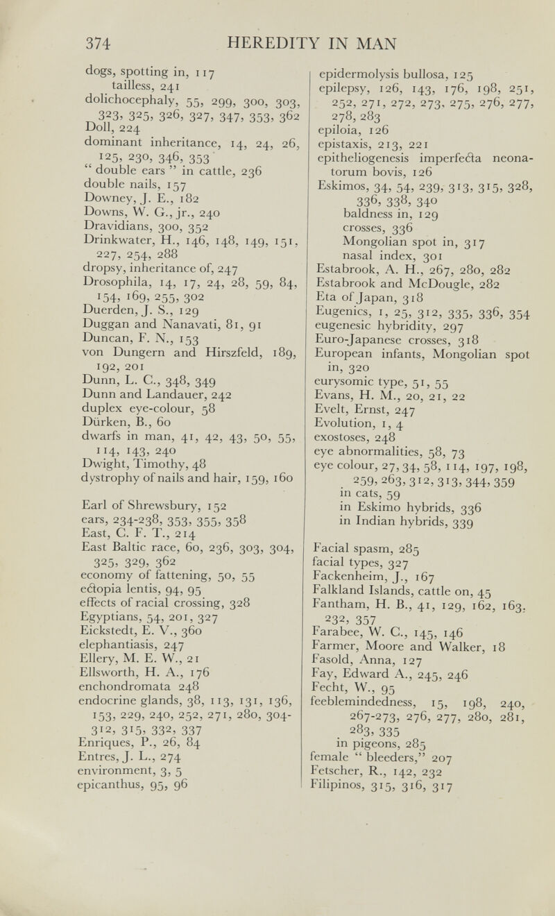 374 HEREDITY IN MAN dogs, spotting in, 117 tailless, 241 dolichocephaly, 55, 299, 300, 303, 323, 325, 326, 327, 347, 353, 362 Doll, 224 dominant inheritance, 14, 24, 26, ^ 125, 230, 346, 353'  double ears  in cattle, 236 double nails, 157 Downey, J. E., 182 Downs, W. G., jr., 240 Dravidians, 300, 352 Drinkwater, H., 146, 148, 149, 151, 227, 254, 288 dropsy, inheritance of, 247 Drosophila, 14, 17, 24, 28, 59, 84, 154, 169, 255, 302 Duerden, J. S., 129 Duggan and Nanavati, 81, 91 Duncan, F. N., 153 von Düngern and Hirszfeld, 189, 192, 201 Dunn, L. C., 348, 349 Dunn and Landauer, 242 duplex eye-colour, 58 Dürken, В., 6o dwarfs in man, 41, 42, 43, 50, 55, ^4, 43; 240 Dwight, Timothy, 48 dystrophy of nails and hair, 159, 160 Earl of Shrewsbury, 152 ears, 234-238, 353, 355, 358 East, C. F. T., 214 East Baltic race, 60, 236, 303, 304, 325» 329, 362 economy of fattening, 50, 55 edopia lentis, 94, 95 effects of racial crossing, 328 Egyptians, 54, 201, 327 Eickstedt, E. V., 360 elephantiasis, 247 Ellery, M. E. W., 21 Ellsworth, H. A., 176 enchondromata 248 endocrine glands, 38, 113, 131, 136, 153, 229, 240, 252, 271, 280, 304- 312, 315, 332, 337 Enriques, P., 26, 84 Entres, J. L., 274 environment, 3, 5 epicanthus, 95, 96 epidermolysis bullosa, 125 epilepsy, 126, 143, 176, 198, 251, 252, 271, 272, 273, 275, 276, 277, 278, 283 epiloia, 126 epistaxis, 213, 221 epitheliogenesis imperfefla neona¬ torum bovis, 126 Eskimos, 34, 54, 239, 313, 315. 328, 336, 338, 340 baldness in, 129 crosses, 336 Mongolian spot in, 317 nasal index, 301 Estabrook, A. H., 267, 280, 282 Estabrook and McDougle, 282 Eta of Japan, 318 Eugenics, I, 25, 312, 335, 336, 354 eugenesic hybridity, 297 Euro-Japanese crosses, 318 European infants, Mongolian spot in, 320 eurysomic type, 51, 55 Evans, H. M., 20, 21, 22 Evelt, Ernst, 247 Evolution, I, 4 exostoses, 248 eye abnormalities, 58, 73 eye colour, 27, 34, 58, 114, 197, 198, 259,263,312,313,344, 359 in cats, 59 in Eskimo hybrids, 336 in Indian hybrids, 339 i'acial spasm, 285 facial types, 327 Eackenheim, J., 167 Falkland Islands, cattle on, 45 Fantham, H. В., 41, 129, 162, 163. 232, 357 Farabee, W. C., 145, 146 Farmer, Moore and Walker, 18 Fasold, Anna, 127 Fay, Edward A., 245, 246 Fecht, W., 95 feeblemindedness, 15, 198, 240, 267-273, 276, 277, 280, 281, 283, 335 in pigeons, 285 female  bleeders, 207 Fetscher, R., 142, 232 Filipinos, 315, 316, 317