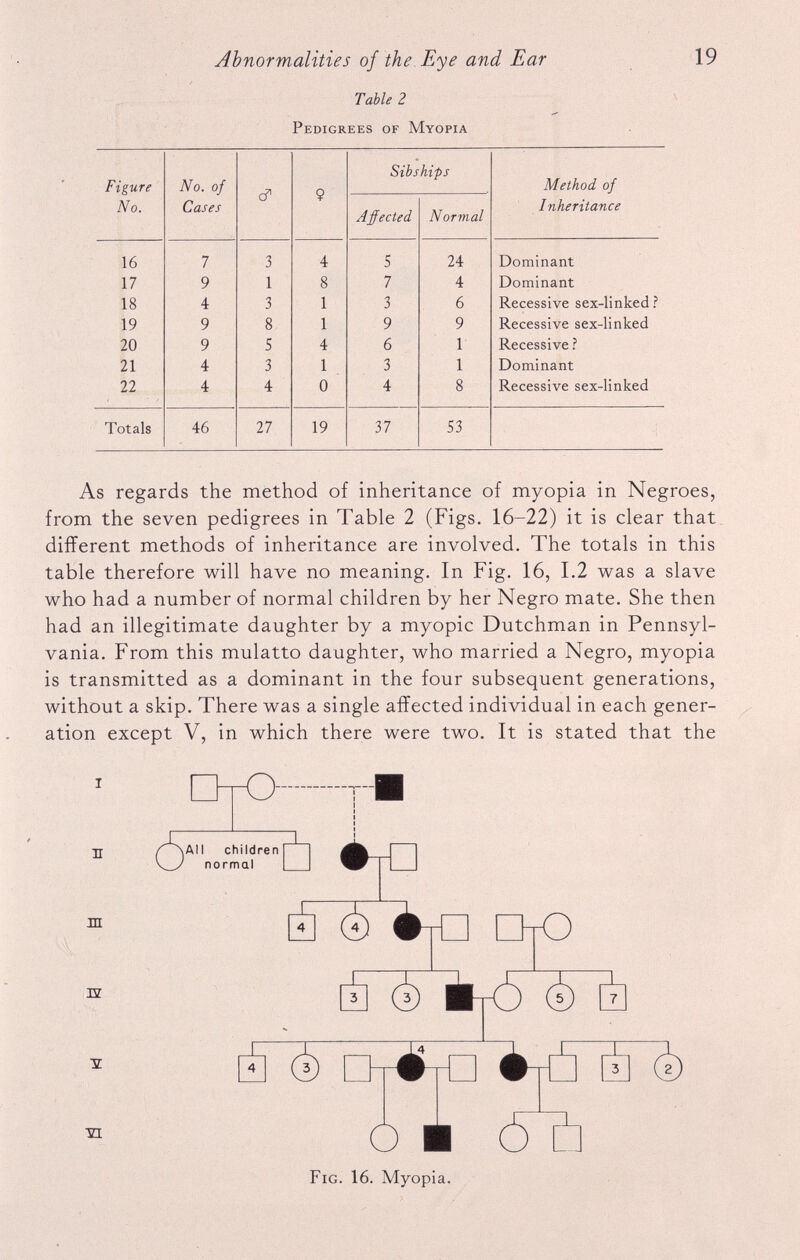 19 Abnormalities of the Eye and Ear Table 2 Pedigrees of Myopia Figure No. No. of Cases c? 9 Sibs Affected hips Normal Method of Inheritance 16 7 3 4 5 24 Dominant 17 9 1 8 7 4 Dominant 18 4 3 1 3 6 Recessive sex-linked ? 19 9 8 1 9 9 Recessive sex-linked 20 9 S 4 6 1 Recessive ? 21 4 3 1 3 1 Dominant 22 4 4 0 4 8 Recessive sex-linked Totals 46 27 19 37 53 As regards the method of inheritance of myopia in Negroes, from the seven pedigrees in Table 2 (Figs. 16—22) it is clear that different methods of inheritance are involved. The totals in this table therefore will have no meaning. In Fig. 16, 1.2 was a slave who had a number of normal children by her Negro mate. She then had an illegitimate daughter by a myopic Dutchman in Pennsyl vania. From this mulatto daughter, who married a Negro, myopia is transmitted as a dominant in the four subsequent generations, without a skip. There was a single affected individual in each gener ation except V, in which there were two. It is stated that the O in 12 VI All children normal 4 4 iff5 4 3 5 ) 7 3 2 Ô Fig. 16. Myopia.