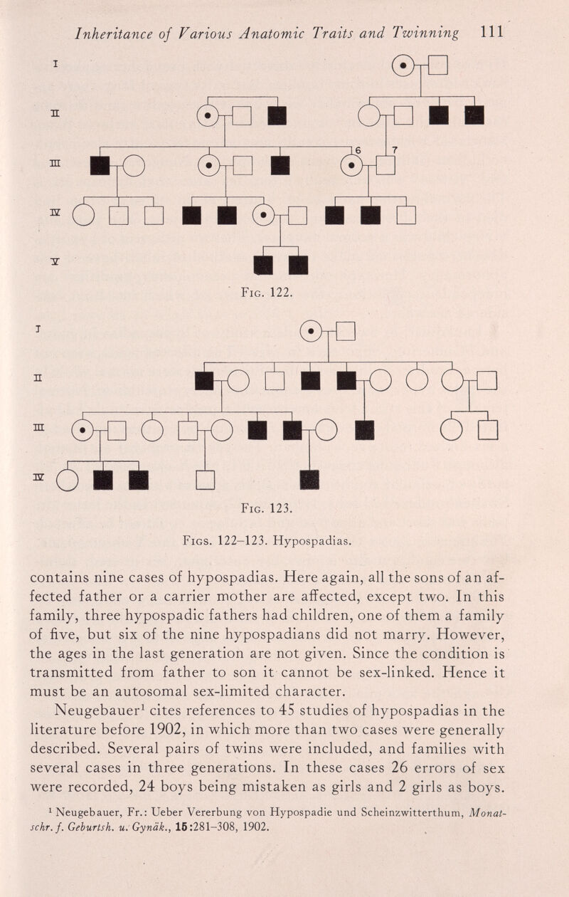 m w mo ï ■ ■ ■ ■ ■ ■ ■ ■ Fig. 122. ÉtO Ù É ÉtO in w ■ ■ Wlbo Fig. 123. Figs. 122—123. Hypospadias. contains nine cases of hypospadias. Here again, all the sons of an af fected father or a carrier mother are affected, except two. In this family, three hypospadic fathers had children, one of them a family of five, but six of the nine hypospadians did not marry. However, the ages in the last generation are not given. Since the condition is transmitted from father to son it cannot be sex-linked. Hence it must be an autosomal sex-limited character. Neugebauer 1 cites references to 45 studies of hypospadias in the literature before 1902, in which more than two cases were generally described. Several pairs of twins were included, and families with several cases in three generations. In these cases 26 errors of sex were recorded, 24 boys being mistaken as girls and 2 girls as boys. 1 Neugebauer, Fr.: Ueber Vererbung von Hypospadie und Scheinzwitterthum, Monat- schr.f. Geburtsh. u. Gyn'dk., 16:281-308, 1902.