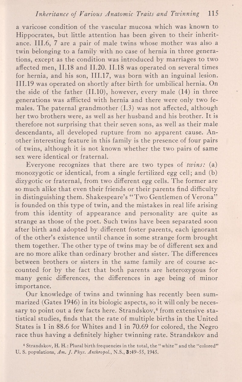 a varicose condition of the vascular mucosa which was known to Hippocrates, but little attention has been given to their inherit ance. III.6, 7 are a pair of male twins whose mother was also a twin belonging to a family with no case of hernia in three genera tions, except as the condition was introduced by marriages to two affected men, 11.18 and 11.20. 11.18 was operated on several times for hernia, and his son, III.17, was born with an inguinal lesion. III.19 was operated on shortly after birth for umbilical hernia. On the side of the father (II.10), however, every male (14) in three generations was afflicted with hernia and there were only two fe males. The paternal grandmother (1.3) was not affected, although her two brothers were, as well as her husband and his brother. It is therefore not surprising that their seven sons, as well as their male descendants, all developed rupture from no apparent cause. An other interesting feature in this family is the presence of four pairs of twins, although it is not known whether the two pairs of same sex were identical or fraternal. Everyone recognizes that there are two types of twins: (a) monozygotic or identical, from a single fertilized egg cell; and (b) dizygotic or fraternal, from two different egg cells. The former are so much alike that even their friends or their parents find difficulty in distinguishing them. Shakespeare’s “Two Gentlemen of Verona” is founded on this type of twin, and the mistakes in real life arising from this identity of appearance and personality are quite as strange as those of the poet. Such twins have been separated soon after birth and adopted by different foster parents, each ignorant of the other’s existence until chance in some strange form brought them together. The other type of twins may be of different sex and are no more alike than ordinary brother and sister. The differences between brothers or sisters in the same family are of course ac counted for by the fact that both parents are heterozygous for many genic differences, the differences in age being of minor importance. Our knowledge of twins and twinning has recently been sum marized (Gates 1946) in its biologic aspects, so it will only be neces sary to point out a few facts here. Strandskov, 4 from extensive sta tistical studies, finds that the rate of multiple births in the United States is 1 in 88.6 for Whites and 1 in 70.69 for colored, the Negro race thus having a definitely higher twinning rate. Strandskov and 4 Strandskov, H. H.: Plural birth frequencies in the total, the “white” and the “colored” U. S. populations, Am. J. Phys. Anthropol., N.S., 3:49-55, 1945.