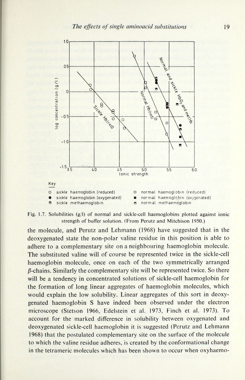 The effects of single aminoacid substitutions 19 10 0-5 С о -05 Ol о -10 -1-5 3.5 Key 40 /.5 SO Ionic strength 55 60 О sickle haennoglobin (reduced) • sickle haennoglobin (oxygenated) © sickle nnethaennoglobin □ nornnal haemoglobin (reduced) ■ normal haemoglobin (oxygenated) в normal methaemoglobin Fig. 1.7. Solubilities (g/1) of normal and sickle-ceil haemoglobins plotted against ionic strength of buffer solution. (From Perutz and Mitchison 1950.) the molecule, and Perutz and Lehmann (1968) have suggested that in the deoxygenated state the non-polar valine residue in this position is able to adhere to a complementary site on a neighbouring haemoglobin molecule. The substituted valine will of course be represented twice in the sickle-cell haemoglobin molecule, once on each of the two symmetrically arranged j?-chains. Similarly the complementary site will be represented twice. So there will be a tendency in concentrated solutions of sickle-cell haemoglobin for the formation of long linear aggregates of haemoglobin molecules, which would explain the low solubility. Linear aggregates of this sort in deoxy¬ genated haemoglobin S have indeed been observed under the electron microscope (Stetson 1966, Edelstein et al. 1973, Finch et al. 1973). To account for the marked difference in solubility between oxygenated and deoxygenated sickle-cell haemoglobin it is suggested (Perutz and Lehmann 1968) that the postulated complementary site on the surface of the molecule to which the valine residue adheres, is created by the conformational change in the tetrameric molecules which has been shown to occur when oxyhaemo-