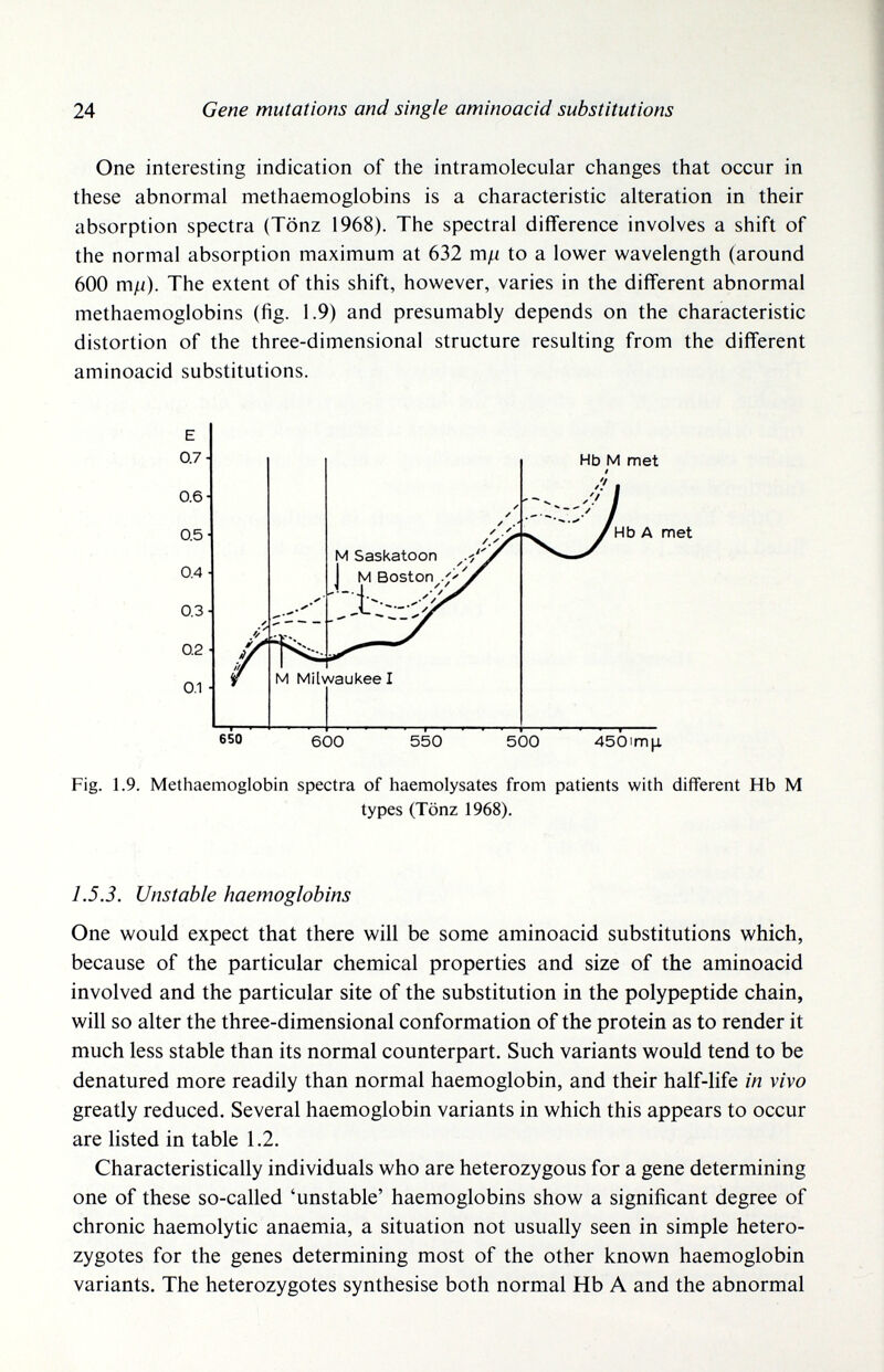 24 Gene mutations and single aminoacid substitutions One interesting indication of the intramolecular changes that occur in these abnormal methaemoglobins is a characteristic alteration in their absorption spectra (Tönz 1968). The spectral difference involves a shift of the normal absorption maximum at 632 m/j. to a lower wavelength (around 600 m/i). The extent of this shift, however, varies in the different abnormal methaemoglobins (fig. 1.9) and presumably depends on the characteristic distortion of the three-dimensional structure resulting from the different aminoacid substitutions. Fig. 1.9. Methaemoglobin spectra of haemolysates from patients with different Hb M types (Tönz 1968). 1.5.3. Unstable haemoglobins One would expect that there will be some aminoacid substitutions which, because of the particular chemical properties and size of the aminoacid involved and the particular site of the substitution in the polypeptide chain, will so alter the three-dimensional conformation of the protein as to render it much less stable than its normal counterpart. Such variants would tend to be denatured more readily than normal haemoglobin, and their half-life in vivo greatly reduced. Several haemoglobin variants in which this appears to occur are listed in table 1.2. Characteristically individuals who are heterozygous for a gene determining one of these so-called 'unstable' haemoglobins show a significant degree of chronic haemolytic anaemia, a situation not usually seen in simple hetero¬ zygotes for the genes determining most of the other known haemoglobin variants. The heterozygotes synthesise both normal Hb A and the abnormal