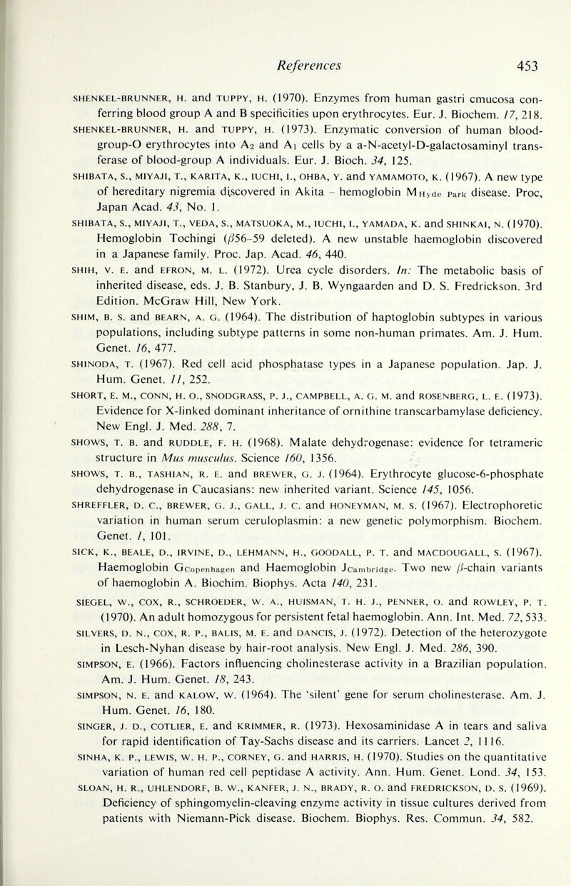 References 453 SHENKEL-BRUNNER, H. and TUPPY, H. (1970). Enzymes from human gastri cmucosa con¬ ferring blood group A and В specificities upon erythrocytes. Eur. J. Biochem. /7, 218. SHENKEL-BRUNNER, H. and TUPPY, H. (1973). Enzymatic conversion of human blood- group-O erythrocytes into Аг and Ai cells by a a-N-acetyl-D-galactosaminyl trans¬ ferase of blood-group A individuals. Eur. J. Bioch. 34, 125. SHiBATA, s., MiYAJi, T., KARiTA, K., lucHi, I., OHBA, Y. and YAMAMOTO, К. (1967). A new type of hereditary nigremia discovered in Akita - hemoglobin M Hyde park disease. Proc, Japan Acad. 43, No. 1. SHIBATA, s., MIYAJI, T., VEDA, S., MATSUOKA, M., ШСН1, 1., YAMADA, K. and SHINKAI, N. (1970). Hemoglobin Tochingi (Д56-59 deleted). A new unstable haemoglobin discovered in a Japanese family. Proc. Jap. Acad. 46, 440. SHiH, V. E. and EFRON, M. L. (1972). Urea cycle disorders. In: The metabolic basis of inherited disease, eds. J. B. Stanbury, J. B. Wyngaarden and D. S. Fredrickson. 3rd Edition. McGraw Hill, New York. SHIM, B. s. and BEARN, A. G. (1964). The distribution of haptoglobin subtypes in various populations, including subtype patterns in some non-human primates. Am. J. Hum. Genet. /6, 477. SHiNODA, T. (1967). Red cell acid phosphatase types in a Japanese population. Jap. J. Hum. Genet. II, 252. SHORT, E. M., CONN, H. O., SNODGRA.SS, P. J., CAMPBELL, A. G. M. and ROSENBERG, L. E. (1973). Evidence for X-linked dominant inheritance of ornithine transcarbamylase deficiency. New Engl. J. Med. 288, 1. shows, T. B. and ruddle, e. h. (1968). Malate dehydrogenase: evidence for tetrameric structure in Mus musculus. Science ¡60, 1356. SHOWS, T. в., TASHiAN, R. E. and BREWER, G. J. (1964). Erythrocyte glucose-6-phosphate dehydrogenase in Caucasians: new inherited variant. Science 145, 1056. SHREEFLER, D. c., BREWER, G. J., GALL, J. c. and HONEYMAN, M. s. (1967). Electrophoretic variation in human serum ceruloplasmin: a new genetic polymorphism. Biochem. Genet. I, 101. SICK, K., BEALE, D., IRVINE, D., LEHMANN, H., GOODALL, P. T. and MACDOUGALL, S. (1967). Haemoglobin Gcopenhagen and Haemoglobin J Cambridge. Two new ¡i-dnsLin variants of haemoglobin A. Biochim. Biophys. Acta 140, 231. SIEGEL, W., cox, R., SCHROEDER, W. A., HUlSMAN, T. H. J., PENNER, О. and ROWLEY, P. T. (1970). An adult homozygous for persistent fetal haemoglobin. Ann. Int. Med. 72,533. SILVERS, D. N., COX, R. P., BALIS, M. E. and DANCis, J. (1972). Detection of the heterozygote in Lesch-Nyhan disease by hair-root analysis. New Engl. J. Med. 286, 390. SIMPSON, E. (1966). Factors influencing Cholinesterase activity in a Brazilian population. Am. J. Hum. Genet. 18, 243. SIMPSON, N. E. and KALOW, w. (1964). The 'silent' gene for serum Cholinesterase. Am. J. Hum. Genet. 16, 180. SINGER, J. D., COTLIER, E. and KRIMMER, R. (1973). Hexosaminidase A in tears and saliva for rapid identification of Tay-Sachs disease and its carriers. Lancet 2, 1116. siNHA, K. p., LEWIS, w. H. P., CORNEY, G. and HARRIS, H. (1970). Studies on the quantitative variation of human red cell peptidase A activity. Ann. Hum. Genet. Lond. 34, 153. SLOAN, H. R., UHLENDORF, B. W., KANFER, J. N., BRADY, R. O. and FREDRICKSON, D. S. (1969). Deficiency of sphingomyelin-cleaving enzyme activity in tissue cultures derived from patients with Niemann-Pick disease. Biochem. Biophys. Res. Commun. 34, 582.