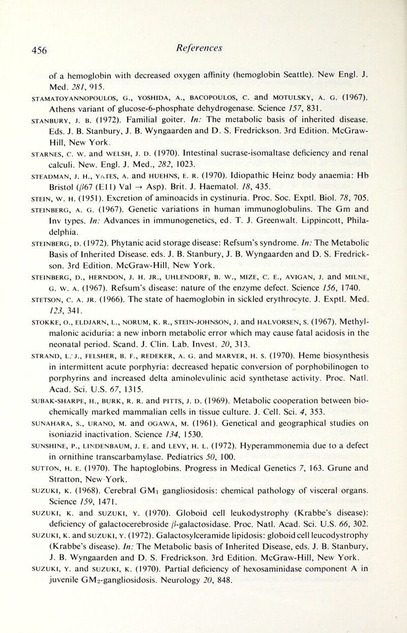 456 References of a hemoglobin with decreased oxygen affinity (hemoglobin Seattle). New Engl. J. Med. 281, 915. stamatoyannopoulos, G., yoshida, a., bacopoulos, c. and motulsky, a. G. (1967). Athens variant of glucose-6-phosphate dehydrogenase. Science 157, 831. stanbury, j. b. (1972). Familial goiter. In: The metabolic basis of inherited disease. Eds. J. B. Stanbury, J. B. Wyngaarden and D. S. Fredrickson. 3rd Edition. McGraw- Hill, New York, starnes, c. w. and welsh, j. d. (1970). Intestinal sucrase-isomaltase deficiency and renal calculi. New. Engl. J. Med., 282, 1023. steadman, j. h., yapes, a. and huehns, e. r. (1970). Idiopathic Heinz body anaemia: Hb Bristol (ß67 (Ell) Val -> Asp). Brit. J. Haematol. 18, 435. stein, w. h. (1951). Excretion of aminoacids in cystinuria. Proc. Soc. Exptl. Biol. 78, 705. steinberg, a. g. (1967). Genetic variations in human immunoglobulins. The Gm and Inv types. In: Advances in immunogenetics, ed. T. J. Greenwalt. Lippincott, Phila¬ delphia. STEINBERG, D. (1972). Phytanic acid storage disease: Refsum's syndrome. In: The Metabolic Basis of Inherited Disease, eds. J. B. Stanbury, J. B. Wyngaarden and D. S. Fredrick- son. 3rd Edition. McGraw-Hill, New York. STEINBERG, D., HERNDON, J. H. JR., UHLENDORF, B. W., MIZE, C. E., AVIGAN, J. and MILNE, G. w. a. (1967). Refsum's disease: nature of the enzyme defect. Science 156, 1740. stetson, c. a. jr. (1966). The state of haemoglobin in sickled erythrocyte. J. Exptl. Med. 123, 341. stokke, o., eldjarn, l., norum, K. r., stein-johnson, j. and halvorsen, s. (1967). Methyl¬ malonic aciduria: a new inborn metabolic error which may cause fatal acidosis in the neonatal period. Scand. J. Clin. Lab. Invest. 20, 313. STRAND, l.-j., FELSHER, B. F., REDEK.ER, A. G. and MARVER, H. s. (1970). Heme biosynthesis in intermittent acute porphyria: decreased hepatic conversion of porphobilinogen to porphyrins and increased delta aminolevulinic acid synthetase activity. Proc. Natl. Acad. Sci. U.S. 67, 1315. suBAK-SHARPE, H., BURK, R. R. and PITTS, J. D. (1969). Metabolic cooperation between bio¬ chemically marked mammalian cells in tissue culture. J. Cell. Sci. 4, 353. suNAHARA, s., URANO, M. and OGAWA, M. (1961). Genetical and geographical studies on isoniazid inactivation. Science 134, 1530. sunshine, p., lindenbaum, j. e. and levy, h. l. (1972). Hyperammonemia due to a defect in ornithine transcarbamylase. Pediatrics 50, 100. sutton, h. e. (1970). The haptoglobins. Progress in Medical Genetics 7, 163. Grune and Stratton, New-York. suzuki, k. (1968). Cerebral GMi gangliosidosis: chemical pathology of visceral organs. Science 159, 1471. suzuki, k. and suzuki, y. (1970). Globoid cell leukodystrophy (Krabbe's disease): deficiency of galactocerebroside /i-galactosidase. Proc. Natl. Acad. Sci. U.S. 66, 302. suzuki, k. and suzuki, y. (1972). Galactosylceramide lipidosis: globoid cell leucodystrophy (Krabbe's disease). In: The Metabolic basis of Inherited Disease, eds. J. B. Stanbury, J. B. Wyngaarden and D. S. Fredrickson. 3rd Edition. McGraw-Hill, New York. suzuki, y. and suzuki, к. (1970). Partial deficiency of hexosaminidase component A in juvenile GM2-gangliosidosis. Neurology 20, 848.