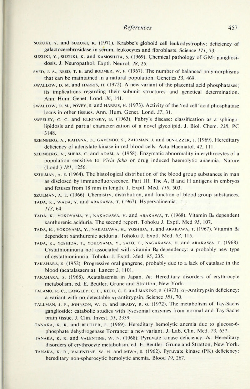 References 457 SUZUKI, Y. and SUZUKI, к. (1971). Krabbe's globoid cell leukodystrophy: deficiency of galactocerebrosidase in serum, leukocytes and fibroblasts. Science 171, 73. suzuki, Y., suzuki, k. and kamoshita, s. (1969). Chemical pathology of GMi gangliosi¬ dosis. J. Neuropathol. Exptl. Neurol. 28, 25. SVED, J. A., REED, T. E. and BODMER, w. F. (1967). The number of balanced polymorphisms that can be maintained in a natural population. Genetics 55, 469. SWALLOW, D. M. and HARRIS, H. (1972). A new variant of the placental acid phosphatases; its implications regarding their subunit structures and genetical determination. Ann. Hum. Genet. Lond. 36, 141. SWALLOW, D. M., povEY, s. and HARRIS, H. (1973). Activity of the 'red cell' acid phosphatase locus in other tissues. Ann. Hum. Genet. Lond. 37, 31. swEELEY, c. c. and KLiONSKY, B. (1963). Fabry's disease: classification as a sphingo- lipidosis and partial characterization of a novel glycolipid. J. Biol. Chem. 238, PC 3148. •SZEiNBERG, A., KAHANA, D., GAVENDO, s., ZAiDMAN, J. and BEN-EZZER, J. (1969). Hereditary deficiency of adenylate kinase in red blood cells. Acta Haematol. 42, 111. SZEINBERG, A., SHEBA, c. and ADAM, A. (1958). Enzymatic abnormality in erythrocytes of a population sensitive to Vicia faha or drug induced haemolytic anaemia. Nature (Lond.) 181, 1256. szuLMAN, a. e. (1964). The histological distribution of the blood group substances in man as disclosed by immunofluorescence. Part IIL The A, В and H antigens in embryos and fetuses from 18 mm in length. J. Exptl. Med. 119, 503. SZULMAN, A. E. (1966). Chemistry, distribution, and function of blood group substances. TADA, K., WADA, Y. and ARAKAWA, T. (1967). Hypervalincmia. 113, 64. TADA, K., YOKOYAMA, Y., NAKAGAWA, H. and ARAKAWA, T. (1968). Vitamin Вб dependent xanthurenic aciduria. The second report. Tohoku J. Exptl. Med 95, 107. TADA, K., YOKOYAMA, Y., NAKAGAWA, H., YOSHiDA, T. and ARAKAWA, T. (1967). Vitamin Be dependent xanthurenic aciduria. Tohoku J. Exptl. Med. 93, 115. TADA, K., YOSHIDA, T., YOKOYAMA, Y., SATO, T., NAGAKAWA, H. and ARAKAWA, T. (1968). Cystathioninuria not associated with vitamin Be dependency: a probably new type of cystathioninuria. Tohoku J. Exptl. Med. 95, 235. TAKAHARA, s. (1952). Progressive oral gangrene, probably due to a lack of catalase in the blood (acatalasaemia). Lancet 2, 1101. takahara, s. (1968). Acatalasemia in Japan. In: Hereditary disorders of erythrocyte metabolism, ed. E. Beutler. Gruñe and Stratton, New York. TALAMO, R. е., LANGLEY, С. E., REED, С. E. and MAKiNO, S. (1973). oi-Antitrypsin deficiency: a variant with no detectable ai-antitrypsin. Science 181, 70. TALLMAN, J. p., JOHNSON, w. G. and BRADY, R. o. (1972). The metabolism of Tay-Sachs ganglioside: catabolic studies with lysosomal enzymes from normal and Tay-Sachs brain tissue. J. Clin. Invest. 51, 2339. TANAKA, K. R. and BEUTLER, E. (1969). Hereditary hemolytic anemia due to glucose-6- phosphate dehydrogenase Torrance: a new variant. J. Lab. Clin. Med. 73, 657. TANAKA, K. R. and VALENTINE, w. N. (1968). Pyruvate kinase deficiency. In: Hereditary disorders of erythrocyte metabolism, ed. E. Beutler. Gruñe and Stratton, New York. TANAKA, к. R., VALENTINE, W. N. and MiWA, s. (1962). Pyruvate kinase (PK) deficiency: hereditary non-spherocytic hemolytic anemia. Blood 19, 267.