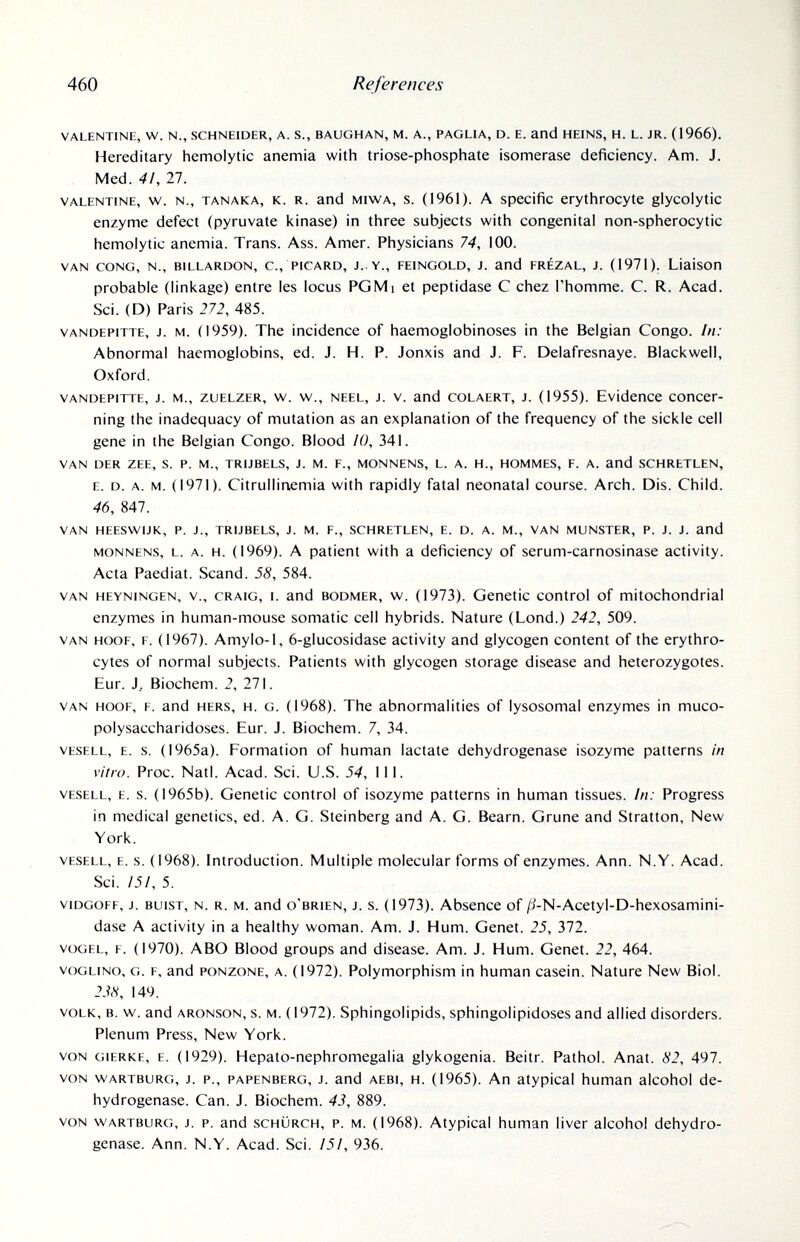 460 References VALENTINE, W. N., SCHNEIDER, A. S., BAUGHAN, M. A., PAGLIA, D. E. and HEINS, H. L. JR. (1966). Hereditary hemolytic anemia with triose-phosphate isomerase deficiency. Am. J. Med. 4!, 27. valentine, w. n., tanaka, K. R. and MiwA, s. (1961). A Specific erythrocyte glycolytic enzyme defect (pyruvate kinase) in three subjects with congenital non-spherocytic hemolytic anemia. Trans. Ass. Amer. Physicians 74, 100. VAN CONG, N., BILLARDON, C., PICARD, J.. Y., FEINGOLD, J. and FRÉZAL, J. (1971). Liaison probable (linkage) entre Ies locus PGMi et peptidase С chez l'homme. С. R. Acad. Sci. (D) Paris 272, 485. vandepitte, j. m. (1959). The incidence of haemoglobinoses in the Belgian Congo. In: Abnormal haemoglobins, ed. J. H. P. Jonxis and J. F. Delafresnaye. Blackwell, Oxford. VANDEPITTE, J. M., ZUELZER, NV. w., NEEL, J. V. and COLAERT, J. (1955). Evidence concer¬ ning the inadequacy of mutation as an explanation of the frequency of the sickle cell gene in the Belgian Congo. Blood K), 341. VAN DER ZEE, S. p. M., TRUBELS, J. M. F., MONNENS, L. A. H., HOMMES, F. A. and SCHRETLEN, E. D. A. M. (1971). Citrullinemia with rapidly fatal neonatal course. Arch. Dis. Child. 46, 847. VAN HEESWIJK, P. J., TRUBELS, J. M. F., SCHRETLEN, E. D. A. M., VAN MUNSTER, P. J. J. and monnens, l. a. H. (1969). A patient with a deficiency of serum-carnosinase activity. Acta Paediat. Scand. 58, 584. VAN HEYNINGEN, V., CRAIG, I. and BODMER, w. (1973). Genetic control of mitochondrial enzymes in human-mouse somatic cell hybrids. Nature (Lond.) 242, 509. VAN HOOF, F. (1967). Amylo-1, 6-glucosidase activity and glycogen content of the erythro¬ cytes of normal subjects. Patients with glycogen storage disease and heterozygotes. Eur. J, Biochem. 2, 271. VAN HOOF, F. and HERS, H. G. (1968). The abnormalities of lysosomal enzymes in muco¬ polysaccharidoses. Eur. J. Biochem. 7, 34. VESELL, E. s. (1965a). Formation of human lactate dehydrogenase isozyme patterns in vitro. Proc. Natl. Acad. Sci. U.S. 54, 111. VESELL, E. s. (1965b). Genetic control of isozyme patterns in human tissues. In: Progress in medical genetics, ed. A. G. Steinberg and A. G. Beam. Grune and Stratton, New York. vesell, e. s. (1968). Introduction. Multiple molecular forms of enzymes. Ann. N.Y. Acad. Sci. ¡5/, 5. viDGOFF, J. BuisT, n. r. M. and o'brien, J. s. (1973). Absence of /i-N-Acetyl-D-hexosamini- dase A activity in a healthy woman. Am. J. Hum. Genet. 25, 372. VOGEL, F. (1970). ABO Blood groups and disease. Am. J. Hum. Genet. 22, 464. voGLiNO, G. F, and PONZONE, A. (1972). Polymorphism in human casein. Nature New Biol. 238, 149. VOLK, В. w. and ARONSON, s. M. (1972). Sphingolipids, sphingolipidoses and allied disorders. Plenum Press, New York. VON GIERKE, E. (1929). Hepato-nephromegalia glykogenia. Beitr. Pathol. Anat. 82, 497. VON WARTBURG, J. P., PAPENBERG, J. and AEBi, H. (1965). An atypical human alcohol de¬ hydrogenase. Can. J. Biochem. 43, 889. VON WARTBURG, J. P. and SCHÜRCH, P. M. (1968). Atypical human liver alcohol dehydro¬ genase. Ann. N.Y. Acad. Sci. 151, 936.