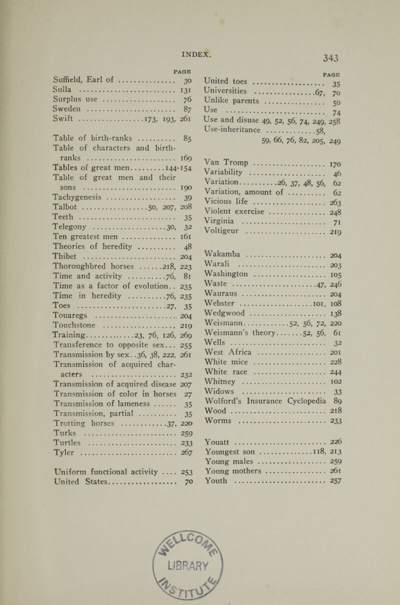 Suffield, Earl of Sulla Surplus use ... Sweden Swift PAGE 30 131 76 87 173, 193, 261 Table of birth-ranks 85 Table of characters and birth- ranks 169 Tables of great men 144-154 Table of great men and their sons 19° Tachygenesis 39 Talbot 50, 207, 208 Teeth 35 Telegony 30, 32 Ten greatest men 161 Theories of heredity 48 Thibet 204 Thoroughbred horses 218, 223 Time and activity 76, 81 Time as a factor of evolution.. 235 Time in heredity 76, 235 Toes 27, 35 Touaregs 204 Touchstone 219 Training 23, 76, 126, 269 Transference to opposite sex... 255 Transmission by sex. .36, 38, 222, 261 Transmission of acquired char acters 232 Transmission of acquired disease 207 Transmission of color in horses 27 Transmission of lameness 35 Transmission, partial 35 Trotting horses 37, 220 Turks 259 Turtles 233 Tyler 267 Uniform functional activity 253 United States 7 ° PAGE United toes 35 Universities 67, 70 Unlike parents 50 Use 74 Use and disuse 49, 52, 56, 74, 249, 258 Use-inheritance 58, 59, 66, 76, 82, 205, 249 Van Tromp 170 Variability 46 Variation 26, 37, 48, 56, 62 Variation, amount of 62 Vicious life 263 Violent exercise 248 Virginia 71 Voltigeur 219 Wakamba 204 Warali 203 Washington 105 Waste 47, 246 Wauraus 204 Webster 101, 108 Wedgwood 138 Weismann 52, 56, 72, 220 Weismann’s theory 52, 56, 61 Wells 32 West Africa 201 White mice 228 White race 244 Whitney 102 Widows 33 Wolford’s Insurance Cyclopedia 89 Wood 218 Worms 233 Youatt 226 Youngest son 118, 213 Young males 259 Young mothers 261 Youth 257