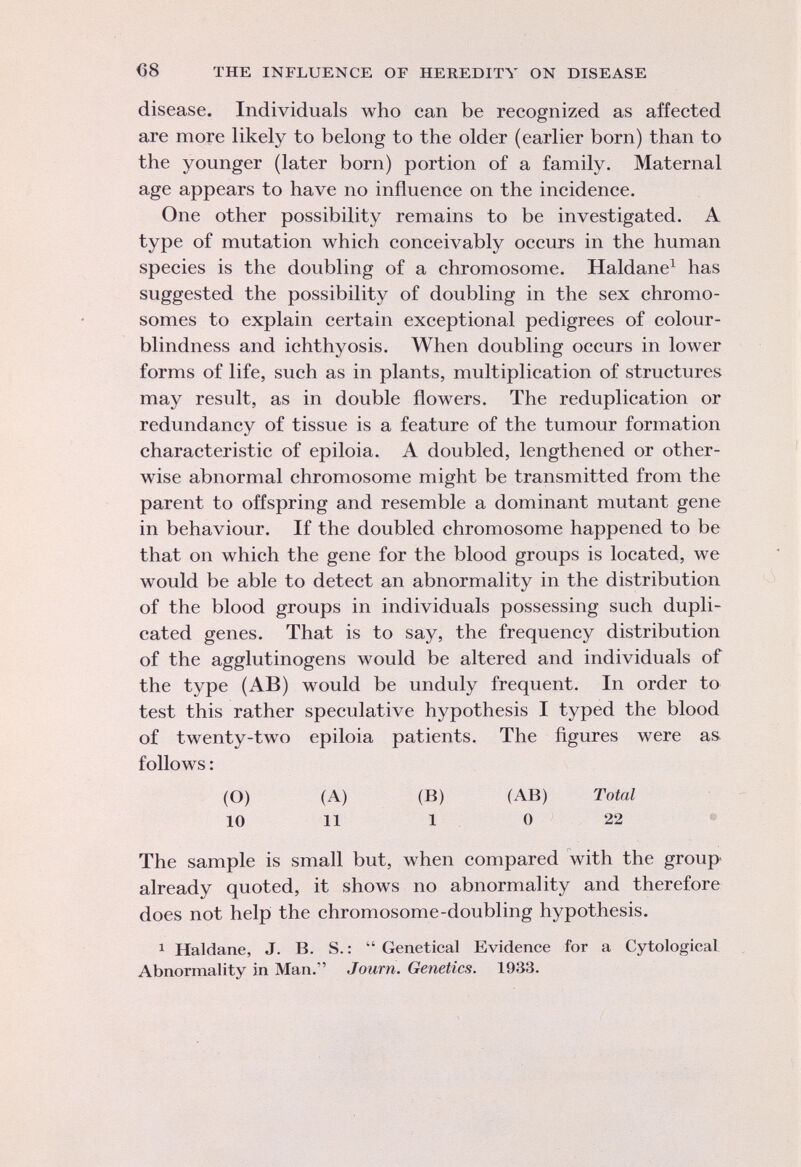 disease. Individuals who can be recognized as affected are more likely to belong to the older (earlier born) than to the younger (later born) portion of a family. Maternal age appears to have no influence on the incidence. One other possibility remains to be investigated. A type of mutation which conceivably occurs in the human species is the doubling of a chromosome. Haldane 1 has suggested the possibility of doubling in the sex chromo somes to explain certain exceptional pedigrees of colour blindness and ichthyosis. When doubling occurs in lower forms of life, such as in plants, multiplication of structures may result, as in double flowers. The reduplication or redundancy of tissue is a feature of the tumour formation characteristic of epiloia. A doubled, lengthened or other wise abnormal chromosome might be transmitted from the parent to offspring and resemble a dominant mutant gene in behaviour. If the doubled chromosome happened to be that on which the gene for the blood groups is located, we would be able to detect an abnormality in the distribution of the blood groups in individuals possessing such dupli cated genes. That is to say, the frequency distribution of the agglutinogens would be altered and individuals of the type (AB) would be unduly frequent. In order to test this rather speculative hypothesis I typed the blood of twenty-two epiloia patients. The figures were as follows : (O) (A) (B) (AB) Total 10 11 1 0 22 The sample is small but, when compared with the group already quoted, it shows no abnormality and therefore does not help the chromosome-doubling hypothesis. 1 Haldane, J. B. S. :  Genetical Evidence for a Cytological Abnormality in Man. Journ. Genetics. 1933.