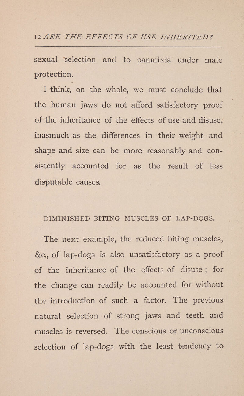 12 ARE THE EFFECTS OF USE INHERITED? sexual 'selection and to panmixia under male protection. I think, on the whole, we must conclude that the human jaws do not afford satisfactory proof of the inheritance of the effects of use and disuse, inasmuch as the differences in their weight and shape and size can be more reasonably and con¬ sistently accounted for as the result of less disputable causes. DIMINISHED BITING MUSCLES OF LAP-DOGS. The next example, the reduced biting muscles, &c., of lap-dogs is also unsatisfactory as a proof of the inheritance of the effects of disuse ; for the change can readily be accounted for without the introduction of such a factor. The previous natural selection of strong jaws and teeth and muscles is reversed. The conscious or unconscious selection of lap-dogs with the least tendency to