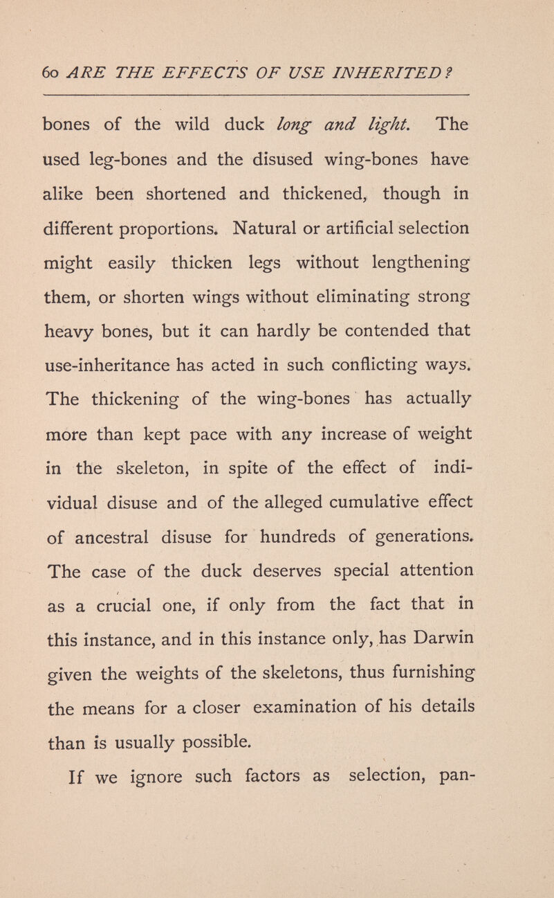 6o ARE THE EFFECTS OF USE INHERITED f bones of the wild duck long and light. The used leg-bones and the disused wing-bones have alike been shortened and thickened, though in different proportions. Natural or artificial selection might easily thicken legs without lengthening them, or shorten wings without eliminating strong heavy bones, but it can hardly be contended that use-inheritance has acted in such conflicting ways. The thickening of the wing-bones has actually more than kept pace with any increase of weight in the skeleton, in spite of the effect of indi¬ vidual disuse and of the alleged cumulative effect of ancestral disuse for hundreds of generations. The case of the duck deserves special attention as a crucial one, if only from the fact that in this instance, and in this instance only, has Darwin given the weights of the skeletons, thus furnishing the means for a closer examination of his details than is usually possible. If we ignore such factors as selection, pan-