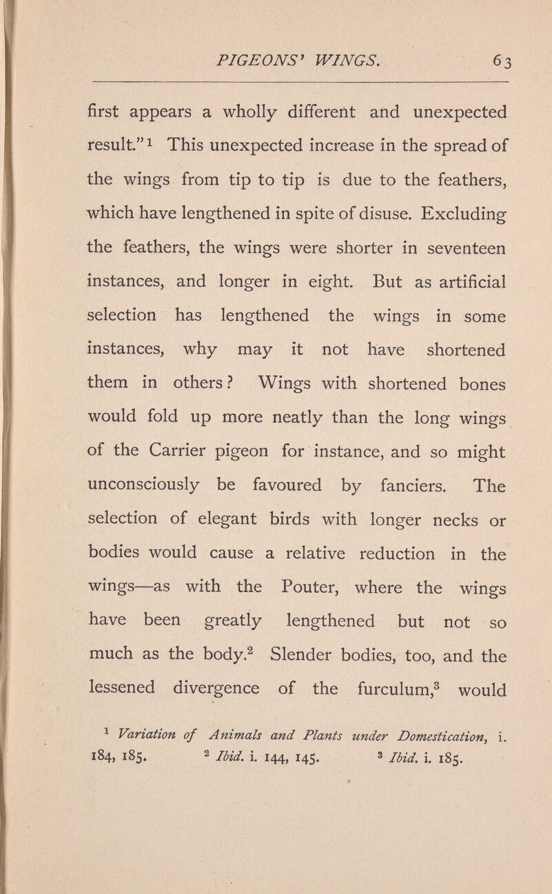 PIGEONS' WINGS. first appears a wholly different and unexpected result. 1 This unexpected increase in the spread of the wings from tip to tip is due to the feathers, which have lengthened in spite of disuse. Excluding the feathers, the wings were shorter in seventeen instances, and longer in eight. But as artificial selection has lengthened the wings in some instances, why may it not have shortened them in others Ì Wings with shortened bones would fold up more neatly than the long wings of the Carrier pigeon for instance, and so might unconsciously be favoured by fanciers. The selection of elegant birds with longer necks or bodies would cause a relative reduction in the wings—as with the Pouter, where the wings have been greatly lengthened but not so much as the body.^ Slender bodies, too, and the lessened divergence of the furculum,^ would ^ Variation of Animals and Plants under Domestication, i. 184, 185. 2 Ibid. i. 144, 145. 3