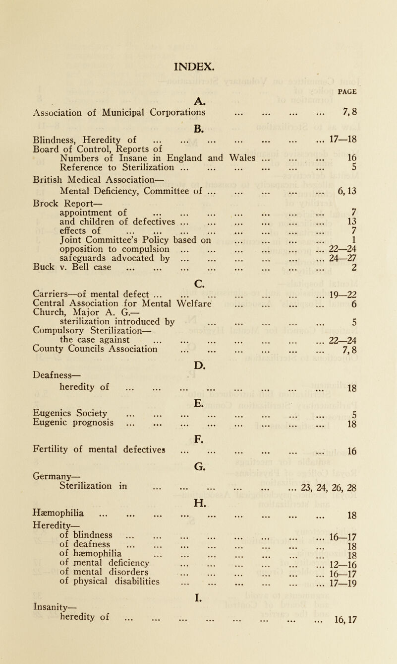 INDEX. A. Association of Municipal Corporations  B. Blindness, Heredity of  Board of Control, Reports of Numbers of Insane in England and Wales ... Reference to Sterilization British Medical Association— Mental Deficiency, Committee of ... Brock Report— appointment of  and children of defectives ... effects of  Joint Committee's Policy based on  opposition to compulsion  ... safeguards advocated by  Buck V. Bell case  c. Carriers—of mental defect Central Association for Mental Welfare  Church, Major A. G.— sterilization introduced by  Compulsory Sterilization— the case against  County Councils Association  D. Deafness— heredity of  E. Eugenics Society  Eugenic prognosis  F. Fertility of mental defectives  G. Germany— Sterilization in  H. Haemophilia  Heredity— of blindness  of deafness  of haemophilia  of mental deficiency  of mental disorders  of physical disabilities  I. Insanity— heredity of 