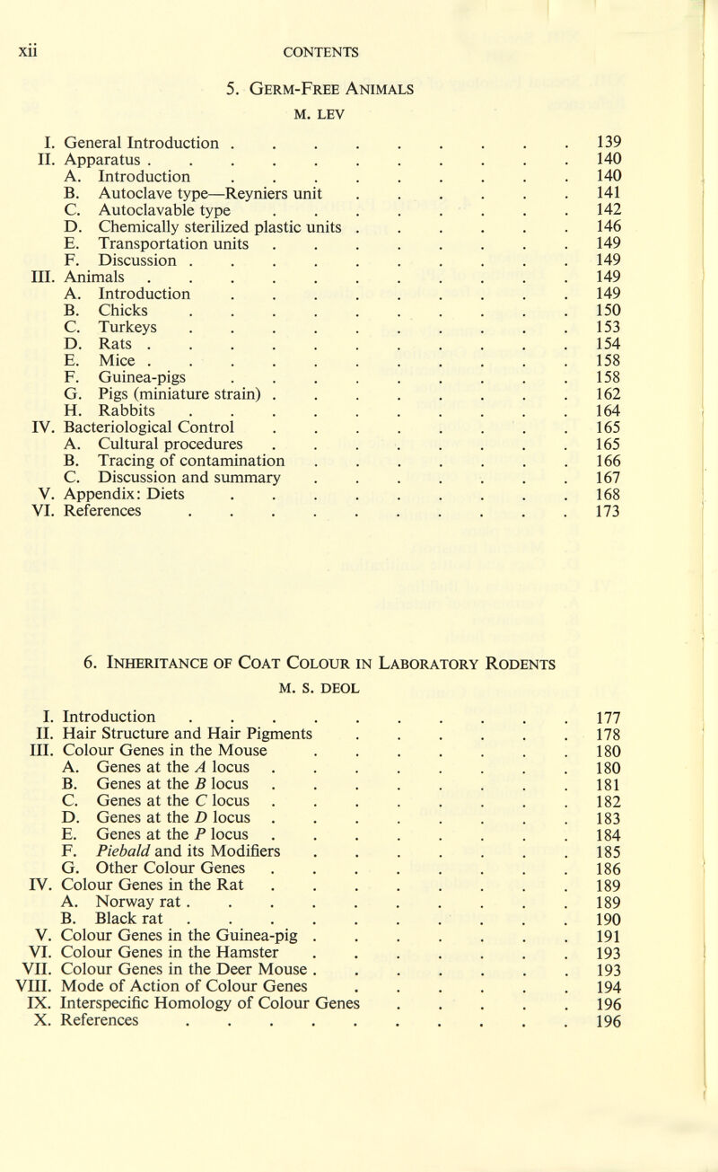 xii contents 5. Germ-Free Animals m. lev I. General Introduction . . . . . . . . .139 II. Apparatus ........... 140 A. Introduction ......... 140 B. Autoclave type—Reyniers unit . . . . . . 141 C. Autoclavable type . . . . . . • .142 D. Chemically sterilized plastic units . . . . . .146 E. Transportation units ........ 149 F. Discussion .......... 149 III. Animals ........... 149 A. Introduction ......... 149 B. Chicks . . . . . . . . . . 150 C. Turkeys . . . . . . . . . .153 D. Rats ........... 154 E. Mice 158 F. Guinea-pigs . . . . . . . . .158 G. Pigs (miniature strain) . . . . . . . .162 H. Rabbits .......... 164 IV, Bacteriological Control . . . . . . . .165 A. Cultural procedures . . . . . . . .165 B. Tracing of contamination , . . . . . .166 C. Discussion and summary . . . . . . .167 V. Appendix: Diets ......... 168 VI. References .......... 173 6. Inheritance of Coat Colour in Laboratory Rodents m. s. deol I. Introduction . . . . . . . . . .177 II. Hair Structure and Hair Pigments . . . . . .178 ITT. Colour Genes in the Mouse . . . . . . .180 A. Genes at the A locus ........ 180 B. Genes at the 5 locus . . . . . . . .181 C. Genes at the Clocus ........ 182 D. Genes at the D locus ........ 183 E. Genes at the P locus ........ 184 F. Piebald and its Modifiers . . . . . . .185 G. Other Colour Genes . . . . . . . .186 IV. Colour Genes in the Rat . . . . . . . .189 A. Norway rat......... . 189 B. Black rat . . . . . . . . . . 190 V. Colour Genes in the Guinea-pig 191 VI. Colour Genes in the Hamster . . . . . . .193 VII. Colour Genes in the Deer Mouse. . . . . . .193 VUI. Mode of Action of Colour Genes . . . . . .194 IX. Interspecific Homology of Colour Genes . . . . .196 X, References 196