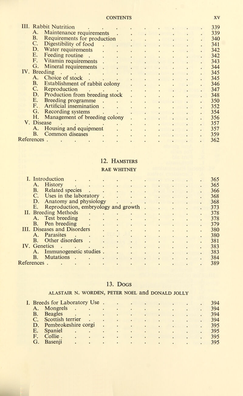 contents xv III. Rabbit Nutrition ......... 339 A. Maintenance requirements , . . . • . .339 B. Requirements for production ...... 340 C. Digestibility of food ........ 341 D. Water requirements ........ 342 E. Feeding routine ......... 342 F. Vitamin requirements ........ 343 G. Mineral requirements  344 IV. Breeding ........... 345 A. Choice of stock ......... 345 B. Establishment of rabbit colony ...... 346 C. Reproduction ......... 347 D. Production from breeding stock ...... 348 E. Breeding programme . . . . . . . .350 F. Artificial insemination . . . . . . . .352 G. Recording systems ........ 354 H. Management of breeding colony 356 V. Disease ........... 357 A. Housing and equipment ....... 357 B. Common diseases ........ 359 References ............ 362 12. Hamsters rae whitney I. Introduction .......... 365 A. History .......... 365 B. Related species ......... 366 C. Uses in the laboratory .368 D. Anatomy and physiology  . 368 E. Reproduction, embryology and growth . . . . .373 II. Breeding Methods . . . . . . . . .378 A. Test breeding  378 B. Pen breeding   379 III. Diseases and Disorders ........ 380 A. Parasites . .  380 B. Other disorders . . . . . . . . .381 rv. Genetics ........... 383 A. Immunogenetic studies ........ 383 B. Mutations .......... 384 References . .  .389 13. Dogs alastair n. worden, peter noel and donald jolly I. Breeds for Laboratory Use 394 A. Mongrels .......... 394 B. Beagles .......... 394 C. Scottish terrier  394 D. Pembrokeshire corgi  395 E. Spaniel .......... 395 F. Collie 395 G. Basenji .......... 395