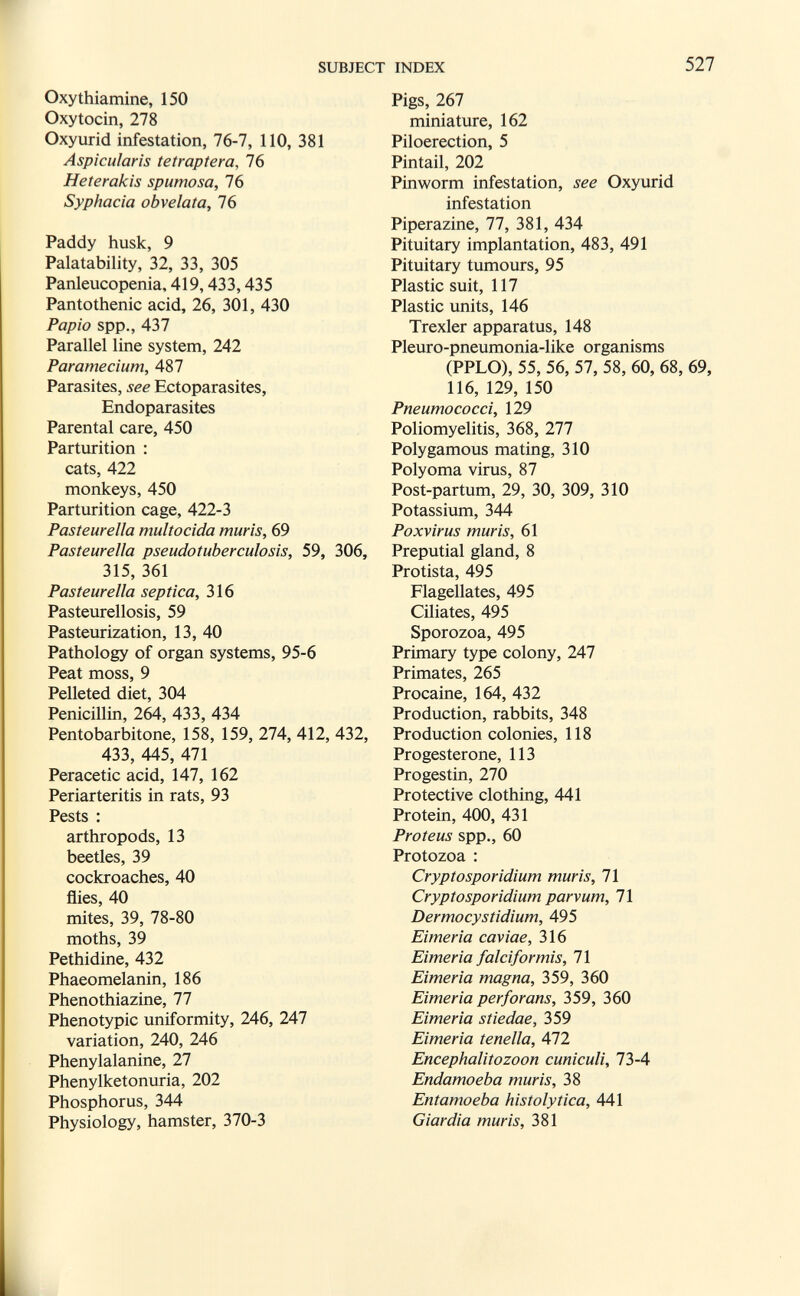 SUBJECT INDEX 527 Oxy thiamine, 150 Oxytocin, 278 Oxyurid infestation, 76-7, 110, 381 Aspicularis tetraptera, 76 Heterakis spumosa, 76 Syphacia obvelata, 76 Paddy husk, 9 Palatability, 32, 33, 305 Panleucopenia, 419,433,435 Pantothenic acid, 26, 301, 430 Papio spp., 437 Parallel line system, 242 Paramecium, 487 Parasites, see Ectoparasites, Endoparasites Parental care, 450 Parturition : cats, 422 monkeys, 450 Parturition cage, 422-3 Pasteurella multocida muris, 69 Pasteurella pseudotuberculosis, 59, 306, 315, 361 Pasteurella séptica, 316 Pasteurellosis, 59 Pasteurization, 13, 40 Pathology of organ systems, 95-6 Peat moss, 9 Pelleted diet, 304 Penicillin, 264, 433, 434 Pentobarbitone, 158, 159, 274, 412, 432, 433, 445, 471 Peracetic acid, 147, 162 Periarteritis in rats, 93 Pests : arthropods, 13 beetles, 39 cockroaches, 40 flies, 40 mites, 39, 78-80 moths, 39 Pethidine, 432 Phaeomelanin, 186 Phenothiazine, 77 Phenotypic uniformity, 246, 247 variation, 240, 246 Phenylalanine, 27 Phenylketonuria, 202 Phosphorus, 344 Physiology, hamster, 370-3 Pigs, 267 miniature, 162 Piloerection, 5 Pintail, 202 Pinworm infestation, see Oxyurid infestation Piperazine, 77, 381, 434 Pituitary implantation, 483, 491 Pituitary tumours, 95 Plastic suit, 117 Plastic units, 146 Trexler apparatus, 148 Pleuro-pneumonia-like organisms (PPLO), 55, 56, 57, 58, 60, 68, 69, 116, 129, 150 Pneumococci, 129 Poliomyelitis, 368, 277 Polygamous mating, 310 Polyoma virus, 87 Post-partum, 29, 30, 309, 310 Potassium, 344 Poxvirus muris, 61 Preputial gland, 8 Protista, 495 Flagellates, 495 Ciliates, 495 Sporozoa, 495 Primary type colony, 247 Primates, 265 Procaine, 164, 432 Production, rabbits, 348 Production colonies, 118 Progesterone, 113 Progestin, 270 Protective clothing, 441 Protein, 400, 431 Proteus spp., 60 Protozoa : Cryptosporidium muris, 71 Cryptosporidium parvum, 71 Dermocystidium, 495 Eimeria caviae, 316 Eimeria falciformis, 71 Eimeria magna, 359, 360 Eimeria perforans, 359, 360 Eimeria stiedae, 359 Eimeria tenella, 472 Encephalitozoon cuniculi, 1ЪЛ Endamoeba muris, 38 Entamoeba histolytica, 441 Giardia muris, 381