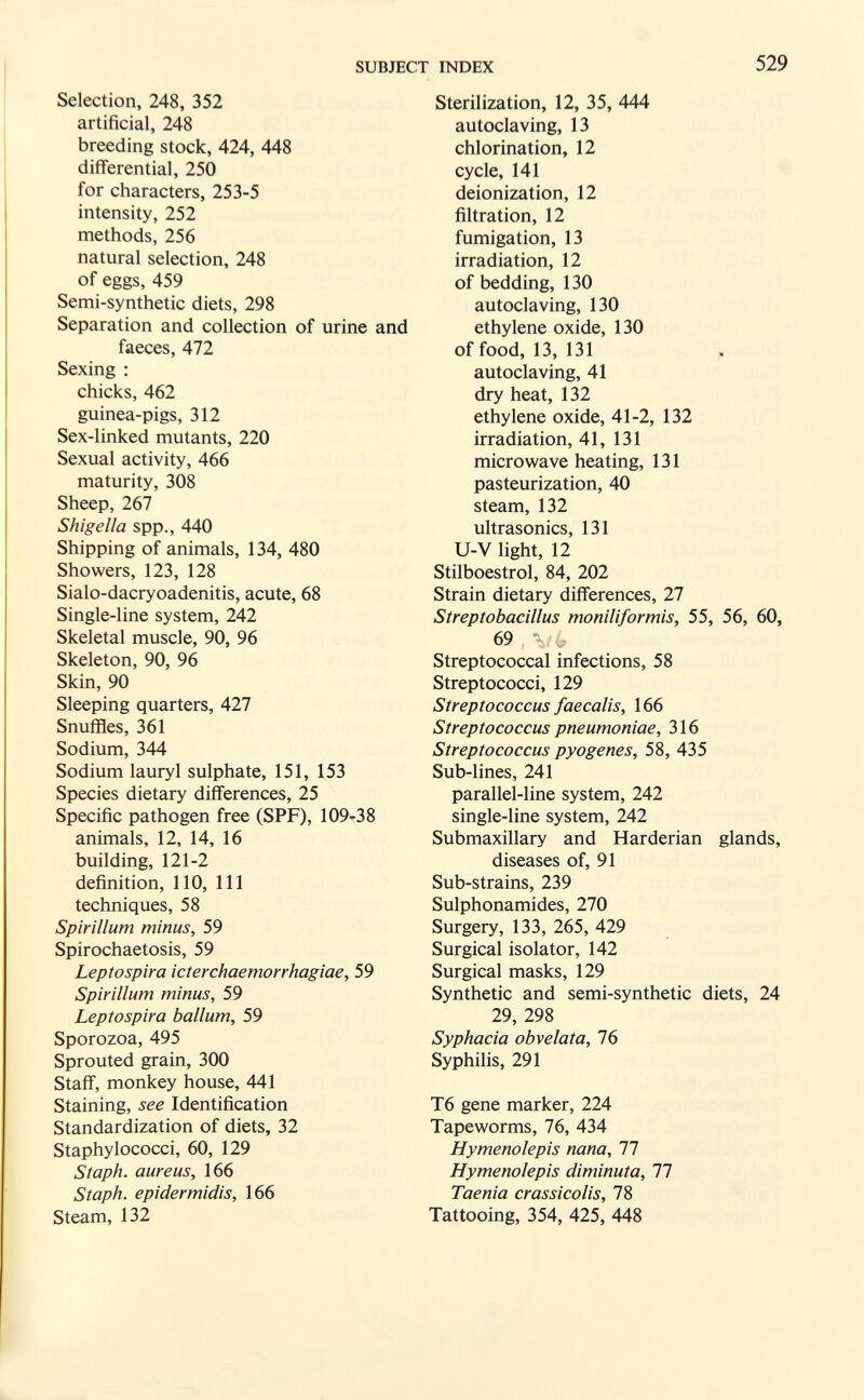 SUBJECT INDEX 529 Selection, 248, 352 artificial, 248 breeding stock, 424, 448 differential, 250 for characters, 253-5 intensity, 252 methods, 256 natural selection, 248 of eggs, 459 Semi-synthetic diets, 298 Separation and collection of urine and faeces, 472 Sexing : chicks, 462 guinea-pigs, 312 Sex-linked mutants, 220 Sexual activity, 466 maturity, 308 Sheep, 267 Shigella spp., 440 Shipping of animals, 134, 480 Showers, 123, 128 Sialo-dacryoadenitis, acute, 68 Single-line system, 242 Skeletal muscle, 90, 96 Skeleton, 90, 96 Skin, 90 Sleeping quarters, 427 Snuffles, 361 Sodium, 344 Sodium lauryl sulphate, 151, 153 Species dietary differences, 25 Specific pathogen free (SPF), 109-38 animals, 12, 14, 16 building, 121-2 definition, 110, 111 techniques, 58 Spirillum minus, 59 Spirochaetosis, 59 Leptospira icterchaemorrhagiae, 59 Spirillum minus, 59 Leptospira ballum, 59 Sporozoa, 495 Sprouted grain, 300 Staff, monkey house, 441 Staining, see Identification Standardization of diets, 32 Staphylococci, 60, 129 Staph, aureus, 166 Staph, epidermidis, 166 Steam, 132 Sterilization, 12, 35, 444 autoclaving, 13 chlorination, 12 cycle, 141 deionization, 12 filtration, 12 fumigation, 13 irradiation, 12 of bedding, 130 autoclaving, 130 ethylene oxide, 130 of food, 13, 131 autoclaving, 41 dry heat, 132 ethylene oxide, 41-2, 132 irradiation, 41, 131 microwave heating, 131 pasteurization, 40 steam, 132 ultrasonics, 131 U-V light, 12 Stilboestrol, 84, 202 Strain dietary differences, 27 Streptobacillus moniliformis, 55, 56, 60, 69 Streptococcal infections, 58 Streptococci, 129 Streptococcus faecalis, 166 Streptococcus pneumoniae, 316 Streptococcus pyogenes, 58, 435 Sub-lines, 241 parallel-line system, 242 single-line system, 242 Submaxillary and Harderian glands, diseases of, 91 Sub-strains, 239 Sulphonamides, 270 Surgery, 133, 265, 429 Surgical isolator, 142 Surgical masks, 129 Synthetic and semi-synthetic diets, 24 29, 298 Syphacia obvelata, 76 Syphilis, 291 T6 gene marker, 224 Tapeworms, 76, 434 Hymenolepis nana, 77 Hymenolepis diminuta, 77 Taenia crassi colis, 78 Tattooing, 354, 425, 448