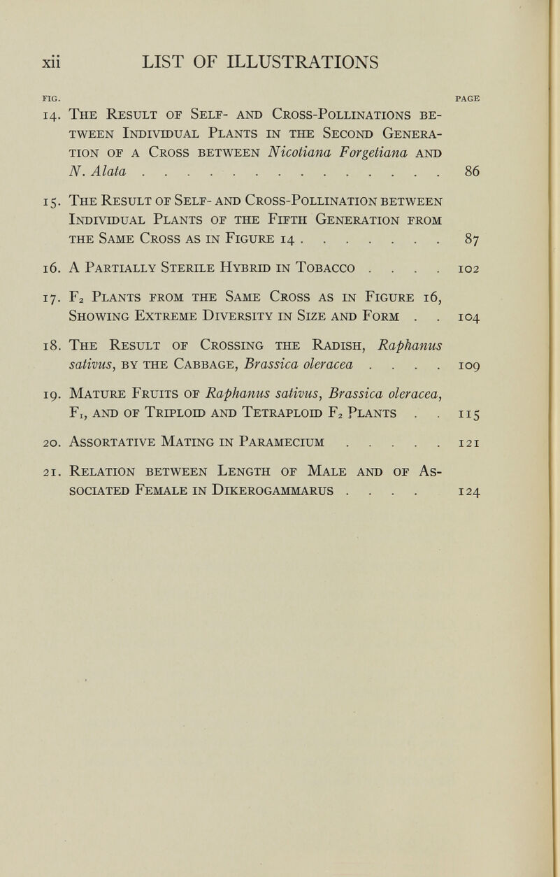 xii LIST OF ILLUSTRATIONS FIG. PAGE 14. The Result of Self- and Cross-Pollinations be tween Individual Plants in the Second Genera tion oe a Cross between Nicotiana Forgetiana and N. Alata 86 15. The Result of Self- and Cross-Pollination between Individual Plants of the Fifth Generation from the Same Cross as in Figure 14 87 16. A Partially Sterile Hybrid in Tobacco .... 102 17. F 2 Plants from the Same Cross as in Figure 16, Showing Extreme Diversity in Size and Form . . 104 18. The Result of Crossing the Radish, Raphanus sativus, by the Cabbage, Brassica olerácea .... 109 19. Mature Fruits of Raphanus sativus, Brassica olerácea, Fi, and of Triploid and Tetraploid Tí Plants 115 20. Assortative Mating in Paramecium 121 21. Relation between Length of Male and of As sociated Female in Dikerogammarus .... 124