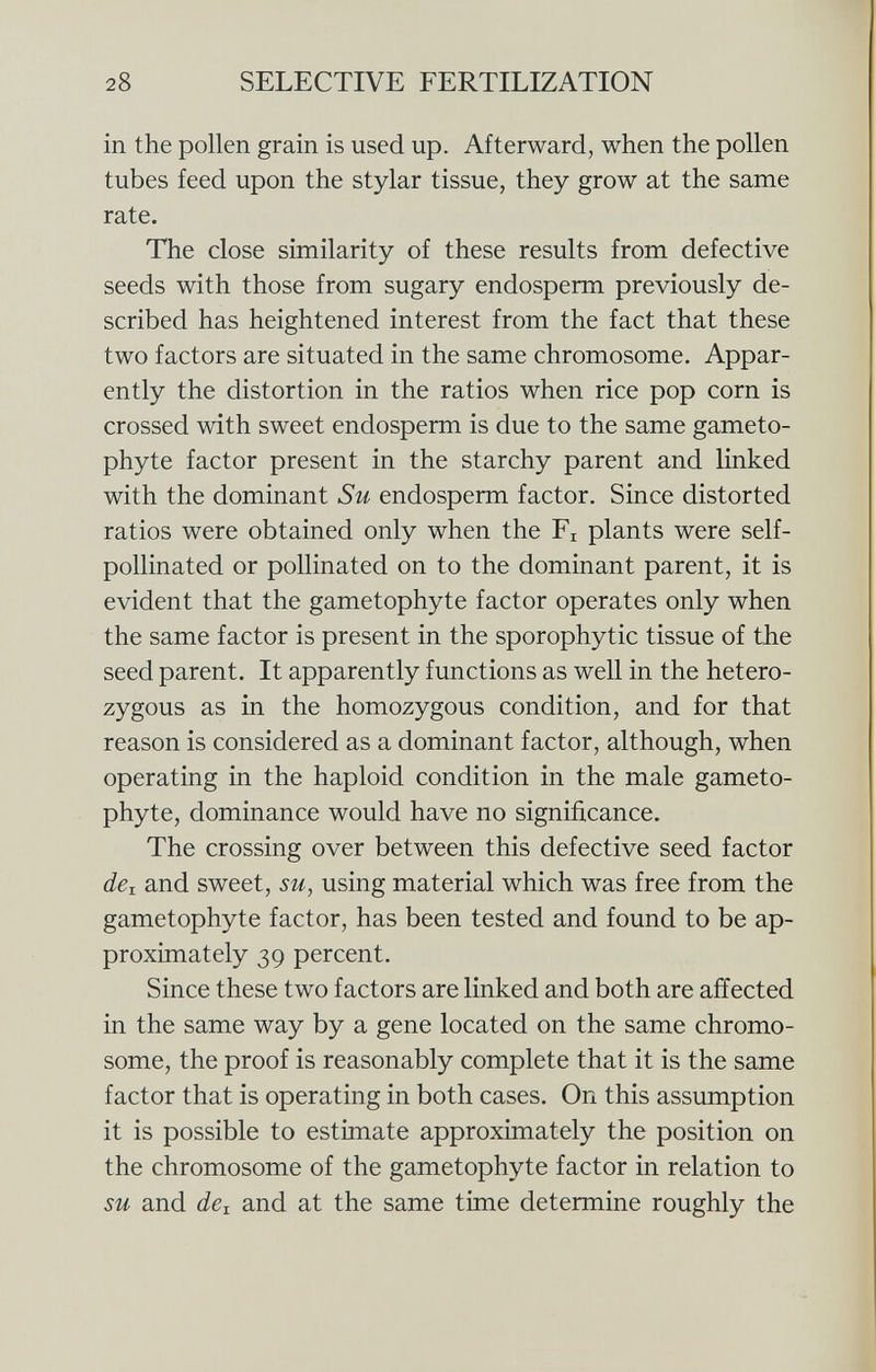 in the pollen grain is used up. Afterward, when the pollen tubes feed upon the stylar tissue, they grow at the same rate. The close similarity of these results from defective seeds with those from sugary endosperm previously de scribed has heightened interest from the fact that these two factors are situated in the same chromosome. Appar ently the distortion in the ratios when rice pop corn is crossed with sweet endosperm is due to the same gameto- phyte factor present in the starchy parent and linked with the dominant Su endosperm factor. Since distorted ratios were obtained only when the F x plants were self- pollinated or pollinated on to the dominant parent, it is evident that the gametophyte factor operates only when the same factor is present in the sporophytic tissue of the seed parent. It apparently functions as well in the hetero zygous as in the homozygous condition, and for that reason is considered as a dominant factor, although, when operating in the haploid condition in the male gameto phyte, dominance would have no significance. The crossing over between this defective seed factor de x and sweet, su, using material which was free from the gametophyte factor, has been tested and found to be ap proximately 39 percent. Since these two factors are linked and both are affected in the same way by a gene located on the same chromo some, the proof is reasonably complete that it is the same factor that is operating in both cases. On this assumption it is possible to estimate approximately the position on the chromosome of the gametophyte factor in relation to su and de x and at the same time determine roughly the