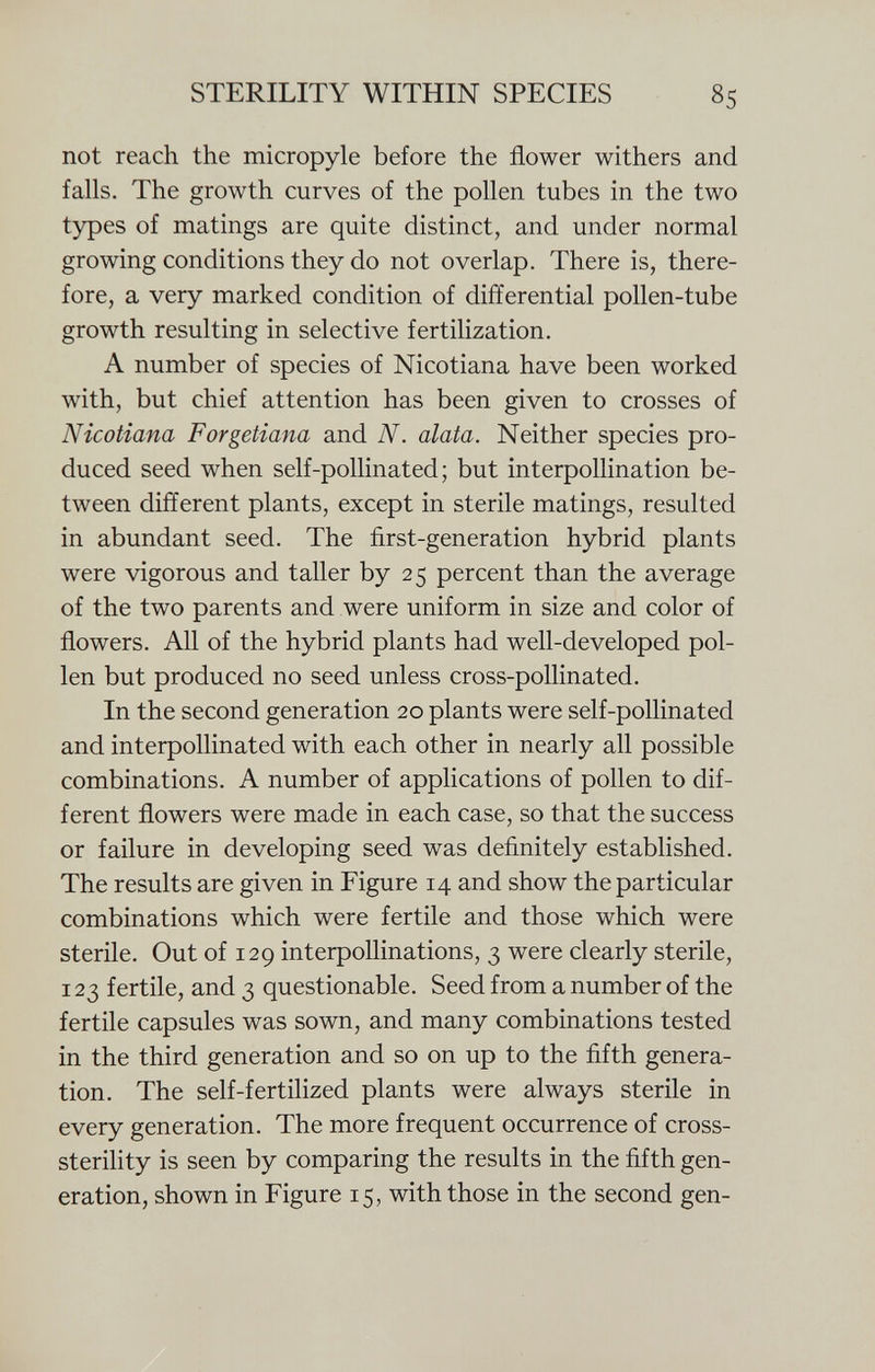 not reach the micropyle before the flower withers and falls. The growth curves of the pollen tubes in the two types of matings are quite distinct, and under normal growing conditions they do not overlap. There is, there fore, a very marked condition of differential pollen-tube growth resulting in selective fertilization. A number of species of Nicotiana have been worked with, but chief attention has been given to crosses of Nicotiana Forgetiana and N. alata. Neither species pro duced seed when self-pollinated; but interpollination be tween different plants, except in sterile matings, resulted in abundant seed. The first-generation hybrid plants were vigorous and taller by 25 percent than the average of the two parents and were uniform in size and color of flowers. All of the hybrid plants had well-developed pol len but produced no seed unless cross-pollinated. In the second generation 20 plants were self-pollinated and interpollinated with each other in nearly all possible combinations. A number of applications of pollen to dif ferent flowers were made in each case, so that the success or failure in developing seed was definitely established. The results are given in Figure 14 and show the particular combinations which were fertile and those which were sterile. Out of 129 interpolations, 3 were clearly sterile, 123 fertile, and 3 questionable. Seed from a number of the fertile capsules was sown, and many combinations tested in the third generation and so on up to the fifth genera tion. The self-fertilized plants were always sterile in every generation. The more frequent occurrence of cross- sterility is seen by comparing the results in the fifth gen eration, shown in Figure 15, with those in the second gen-
