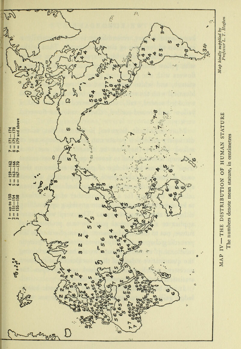 MAP IV—THE DISTRIBUTION OF HUMAN STATURE The numbers denote mean stature, in centimetres Map kindly supplied by Professor L. T. Hogben