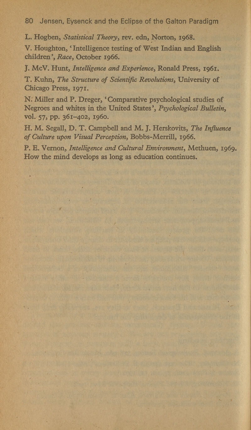 80 Jensen, Eysenck and the Eclipse of the Galton Paradigm L. Hogbeiij Statistical Theory^ rev. edn, Norton, 1968. V. Houghtoiij ' Intelligence testing of West Indian and English children'3 October 1966. J. McV. Himtj Intelligence and Experience, Ronald Press, 1961. T. Kuhn, The Structure of Scientific Revolutions, University of Chicago Press, 1971. N. Miller and P. Dreger, ' Comparative psychological studies of Negroes and whites in the United States Psychological Bulletin, vol. 57, pp. 361-402, i960. H. M. Segali, D. T. Campbell and M. J. Herskovits, The Influence of Culture upon Visual Perception, Bobbs-Merrill, 1966. P. E. Vernon, Intelligence and Cultural Environment, Methuen, 1969. How the mind develops as long as education continues.