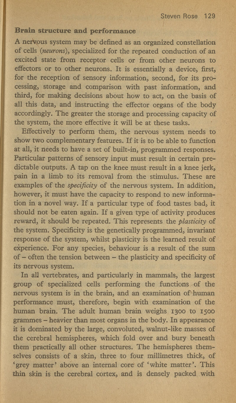 / // ' Steven Rose 129 Brain structure and performance A nefvpus system may be defined as an organized constellation of cells {neurons)i specialized for the repeated conduction of an excited state from receptor cells or from other neurons to effectors or to other neurons. It is essentially a devices first, for the reception of sensory informations second^ for its pro¬ cès sing, storage and comparison with past information, and third, for making decisions about how to act, on the basis of all this data, and instructing the effector organs of the body accordingly. The greater the storage and processing capacity of the system, the more effective it will be at these tasks. Effectively to perform them, the nervous system needs to show two complementary features. If it is to be able to function at all, it needs to have a set of built-in, programmed responses. Particular patterns of sensory input must result in certain pre¬ dictable outputs. A tap on the knee must result in a knee jerkj pain in a limb to its removal from the stimulus. These are examples of the specificity of the nervous system. In addition, however, it must have the capacity to respond to new informa¬ tion in a novel way. If a particular type of food tastes bad, it should not be eaten again. If a given type of activity produces reward, it should be repeated. This represents the plasticity of the system. Specificity is the genetically programmed, invariant response of the system, whilst plasticity is the learned result of experience. For any species, behaviour is a result of the sum of - often the tension between - the plasticity and specificity of its nervous system. In all vertebrates, and particularly in mammals, the largest group of specialized cells performing the functions of the nervous system is in the brain, and an examination of human performance must, therefore, begin with examination of the human brain. The adult human brain weighs 1300 to 1500 grammes - heavier than most organs in the body. In appearance it is dominated by the large, convoluted, walnut-like masses of the cerebral hemispheres, which fold over and bury beneath them practically all other structures. The hemispheres them¬ selves consists of a skin, three to four millimetres thick, of ®grey matter' above an internal core of ^white matter'. This thin skin is the cerebral cortex, and is densely packed with