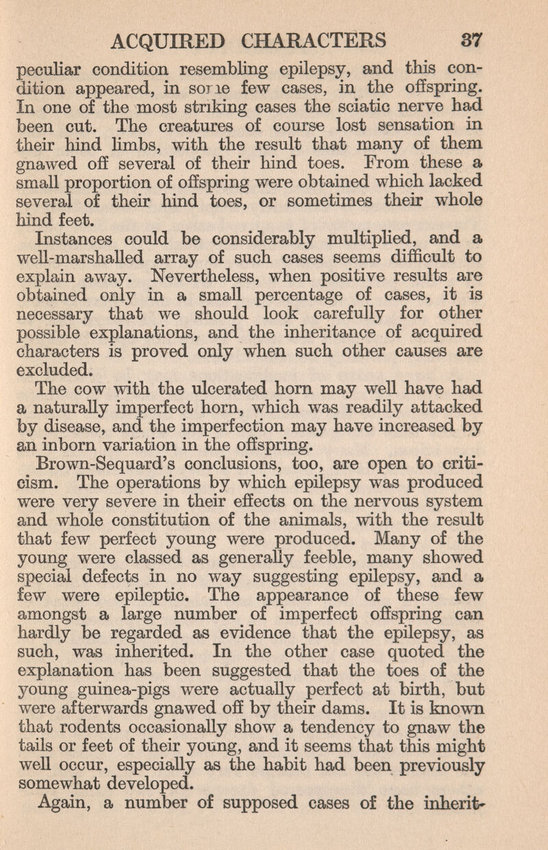 ACQUIRED CHARACTERS 37 peculiar condition resembling epilepsy, and this con¬ dition appeared, in sone few cases, in the offspring. In one of the most striking cases the sciatic nerve had been cut. The creatures of course lost sensation in their hind limbs, with the result that many of them gnawed off several of their hind toes. From these a small proportion of offspring were obtained which lacked several of their hind toes, or sometimes their whole hind feet. Instances could be considerably multiphed, and a well-marshalled array of such cases seems difficult to explain away. Nevertheless, when positive results are obtained only in a small percentage of cases, it is necessary that we should look carefully for other possible explanations, and the inheritance of acquired characters is proved only when such other causes are excluded. The cow with the ulcerated hom may well have had a naturally imperfect horn, which was readily attacked by disease, and the imperfection may have increased by an inborn variation in the offspring. Brown-Sequard's conclusions, too, are open to criti¬ cism. The operations by which epilepsy was produced were very severe in their effects on the nervous system and whole constitution of the animals, with the result that few perfect young were produced. Many of the young were classed as generaUy feeble, many showed special defects in no way suggesting epilepsy, and a few were epileptic. The appearance of these few amongst a large number of imperfect offspring can hardly be regarded as evidence that the epilepsy, as such, was inherited. In the other case quoted the explanation has been suggested that the toes of the young guinea-pigs were actually perfect at birth, but were afterwards gnawed off by their dams. It is known that rodents occasionally show a tendency to gnaw the tails or feet of their young, and it seems that this might well occur, especially as the habit had been previously somewhat developed. Again, a number of supposed cases of the inherit'