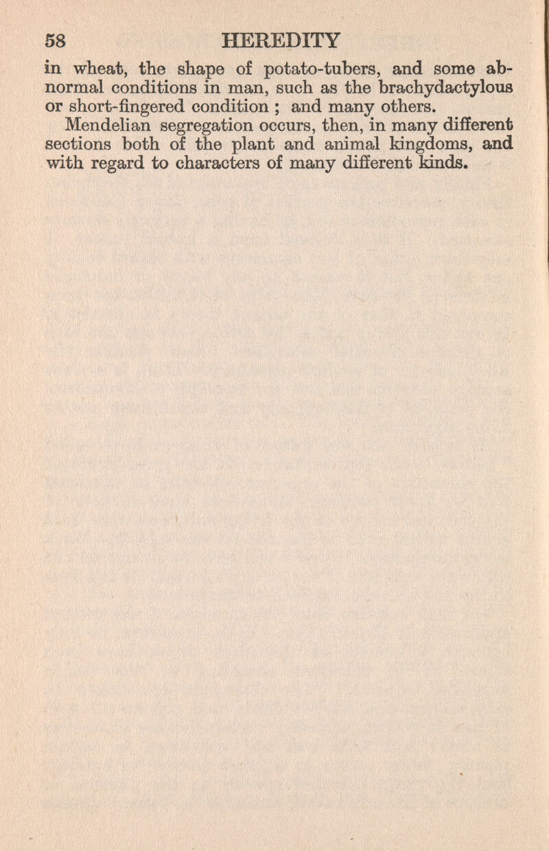 58 HEREDITY in wheat, the shape of potato-tubers, and some ab¬ normal conditions in man, such as the brachydactylous or short-fingered condition ; and many others. Mendehan segregation occurs, then, in many different sections both of the plant and animal kingdoms, and with regard to characters of many different kinds.