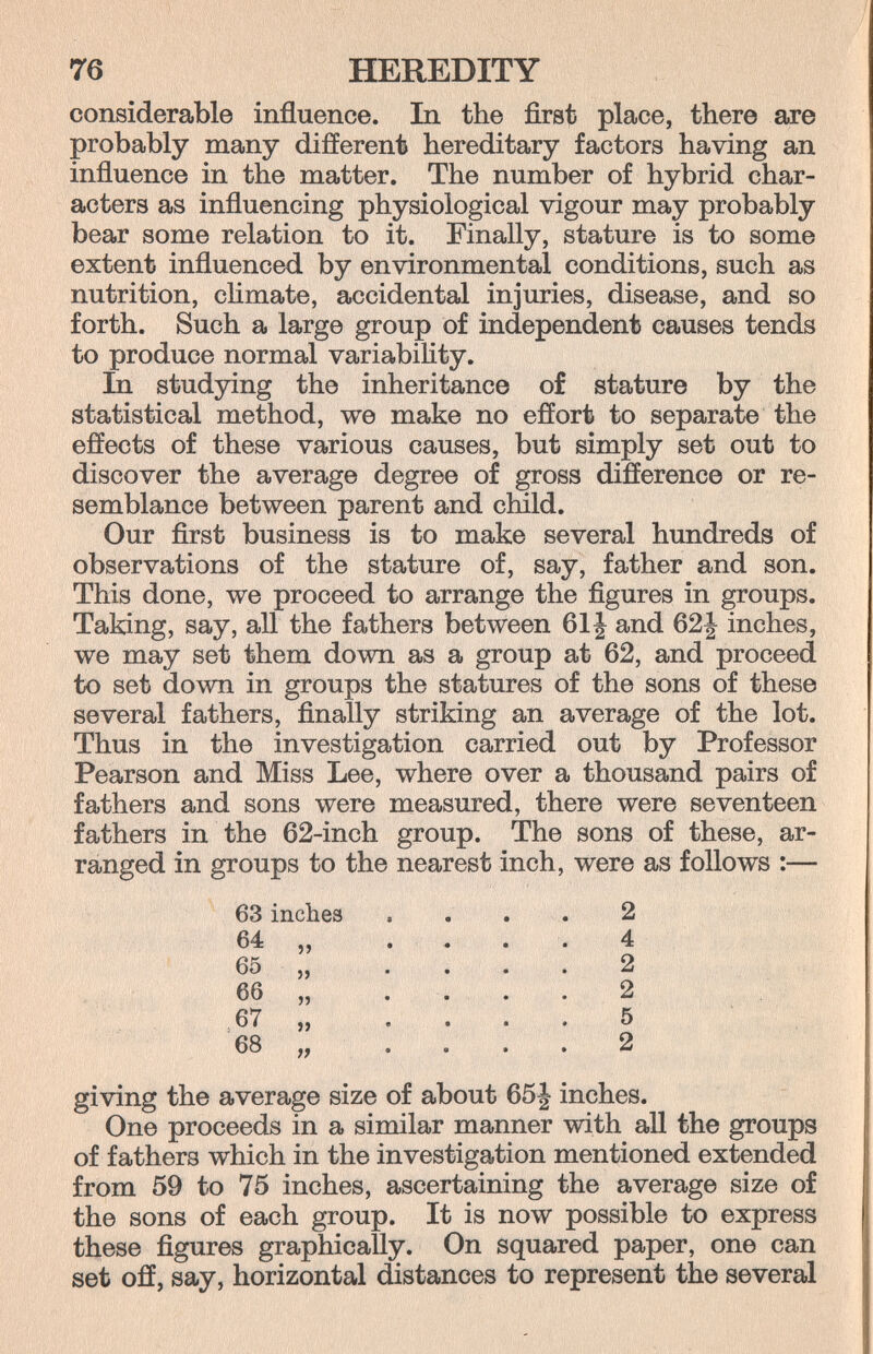 76 HEREDITY considerable influence. In the first place, there are probably many different hereditary factors having an influence in the matter. The number of hybrid char¬ acters as influencing physiological vigour may probably bear some relation to it. Finally, stature is to some extent influenced by environmental conditions, such as nutrition, chmate, accidental injuries, disease, and so forth. Such a large group of independent causes tends to produce normal variabihty. bi studying the inheritance of stature by the statistical method, we make no effort to separate the effects of these various causes, but simply set out to discover the average degree of gross difference or re¬ semblance between parent and child. Our first business is to make several hundreds of observations of the stature of, say, father and son. This done, we proceed to arrange the figures in groups. Taking, say, all the fathers between 61^ and 62J inches, we may set them down as a group at 62, and proceed to set down in groups the statures of the sons of these several fathers, finally striking an average of the lot. Thus in the investigation carried out by Professor Pearson and Miss Lee, where over a thousand pairs of fathers and sons were measured, there were seventeen fathers in the 62-inch group. The sons of these, ar¬ ranged in groups to the nearest inch, were as follows :— 63 inches .... 2 64 „ .... 4 65 „ 2 66 „ .... 2 67 „ .... 5 68 „ .... 2 giving the average size of about 65J inches. One proceeds in a similar manner with all the groups of fathers which in the investigation mentioned extended from 59 to 75 inches, ascertaining the average size of the sons of each group. It is now possible to express these figures graphically. On squared paper, one can set off, say, horizontal distances to represent the several