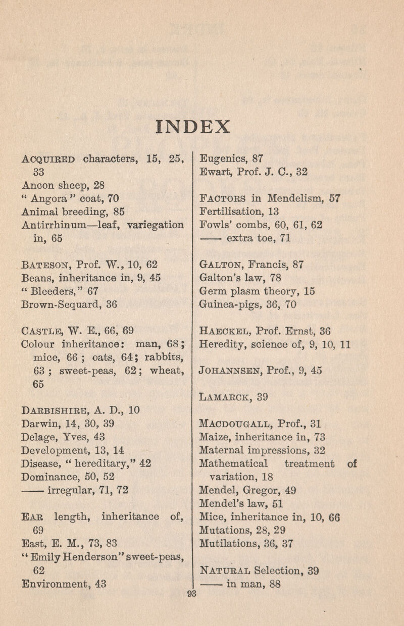 INDEX Acquired characters, 15, 25, 33 Ancón sheep, 28  Angora  coat, 70 Animal breeding, 85 Antirrhinum—leaf, variegation in, 65 Bateson, Prof. W., 10, 62 Beans, inheritance in, 9, 45  Bleeders, 67 Brown-Sequard, 36 Castle, W. E., 66, 69 Colour inheritance : man, 68 ; mice, 66 ; oats, 64; rabbius, 63 ; sweet-peas, 62 ; wheat, 65 Daebishibe, a. D., 10 Darwin, 14, So, 39 Delage, Yves, 43 Development, 13, 14 Disease,  hereditary, 42 Dominance, 50, 52 irregular, 71, 72 Ear length, inheritance of, 69 East, E. M., 73, 83  Emily Henderson sweet-peas, 62 Environment, 43 Eugenics, 87 E wart. Prof. J. 0., 32 Factors in Mendelism, 57 Fertilisation, 13 Fowls' combs, 60, 61, 62  extra toe, 71 Galton, Francis, 87 Galton's law, 78 Germ plasm theory, 15 Guinea-pigs, 36, 70 Haeckel, Prof. Ernst, 36 Heredity, science of, 9, 10, 11 Johannsen, Prof., 9, 45 Lamaeck, 39 Macdougall, Prof., 31 Maize, inheritance in, 73 Maternal impressions, 32 Mathematical treatment of variation, 18 Mendel, Gregor, 49 Mendel's law, 51 Mice, inheritance in, 10, 66 Mutations, 28, 29 Mutilations, 36, 37 Natueal Selection, 39 in man, 88