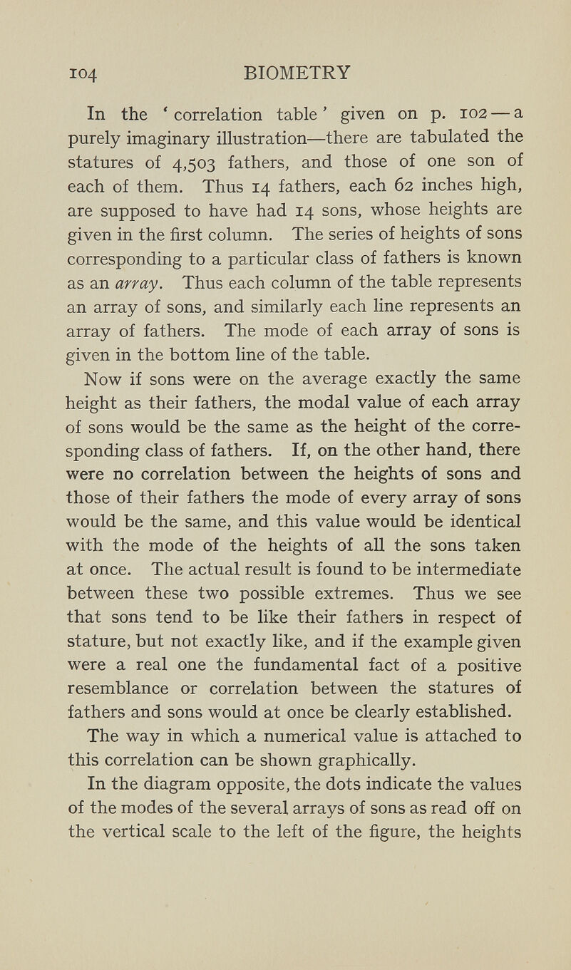 104 BIOMETRY In the ' correlation table ' given on p. 102 — a purely imaginary illustration—there are tabulated the statures of 4,503 fathers, and those of one son of each of them. Thus 14 fathers, each 62 inches high, are supposed to have had 14 sons, whose heights are given in the first column. The series of heights of sons corresponding to a particular class of fathers is known as an array. Thus each column of the table represents an array of sons, and similarly each line represents an array of fathers. The mode of each array of sons is given in the bottom line of the table. Now if sons were on the average exactly the same height as their fathers, the modal value of each array of sons would be the same as the height of the corre¬ sponding class of fathers. If, on the other hand, there were no correlation between the heights of sons and those of their fathers the mode of every array of sons would be the same, and this value would be identical with the mode of the heights of all the sons taken at once. The actual result is found to be intermediate between these two possible extremes. Thus we see that sons tend to be like their fathers in respect of stature, but not exactly like, and if the example given were a real one the fundamental fact of a positive resemblance or correlation between the statures of fathers and sons would at once be clearly established. The way in which a numerical value is attached to this correlation can be shown graphically. In the diagram opposite, the dots indicate the values of the modes of the several arrays of sons as read off on the vertical scale to the left of the figure, the heights