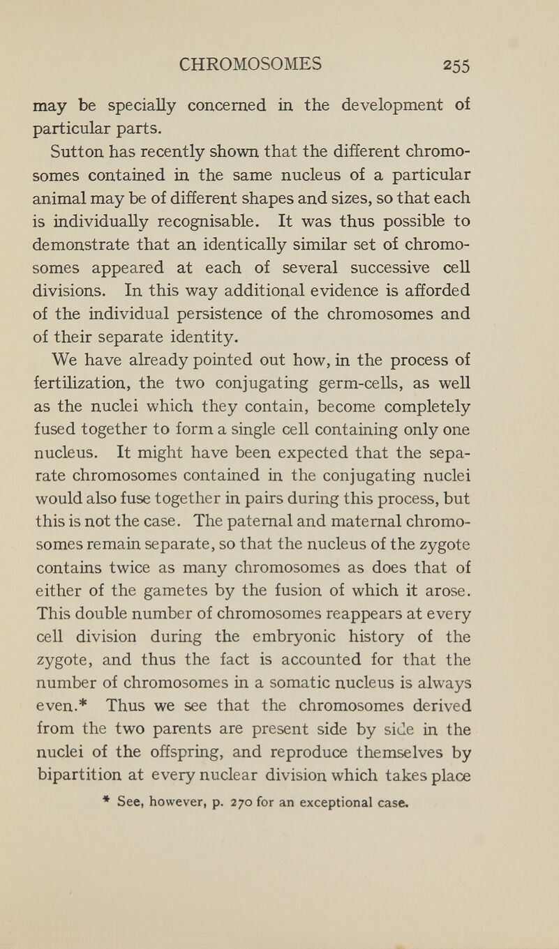 CHROMOSOMES 255 may be specially concerned in the development of particular parts. Sutton has recently shown that the different chromo¬ somes contained in the same nucleus of a particular animal may be of different shapes and sizes, so that each is individually recognisable. It was thus possible to demonstrate that an identically similar set of chromo¬ somes appeared at each of several successive cell divisions. In this way additional evidence is afforded of the individual persistence of the chromosomes and of their separate identity. We have already pointed out how, in the process of fertilization, the two conjugating germ-cells, as well as the nuclei which they contain, become completely fused together to form a single cell containing only one nucleus. It might have been expected that the sepa¬ rate chromosomes contained in the conjugating nuclei would also fuse together in pairs during this process, but this is not the case. The paternal and maternal chromo¬ somes remain separate, so that the nucleus of the zygote contains twice as many chromosomes as does that of either of the gametes by the fusion of which it arose. This double number of chromosomes reappears at every cell division during the embryonic history of the zygote, and thus the fact is accounted for that the number of chromosomes in a somatic nucleus is always even.* Thus we see that the chromosomes derived from the two parents are present side by side in the nuclei of the offspring, and reproduce themselves by bipartition at every nuclear division which takes place * See, however, p. 270 for an exceptional case.