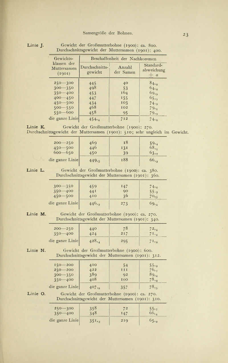 Samengröße der Bohnen. 23 Linie J. Gewicht der Großmutterbohne (1900): ca. 800. Durchschnittsgewicht der Muttersamen (1901): 400. Linie K. Gewicht der Großmutterbohne (1900): 270. Durchschnittsgewicht der Muttersamen (1901): 510; sehr ungleich im Gewicht. Linie L. Gewicht der Großmutterbohne (1900): ca. 380. Durchschnittsgewicht der Muttersamen (1901): 360. Linie M. Gewicht der Großmutterbohne (1900): ca. 270. Durchschnittsgewicht der Muttersamen (1901): 340. Linie N. Gewicht der Großmutterbohne (1900): 600. Durchschnittsgewicht der Muttersamen (1901): 312. Linie O. Gewicht der Großmutterbohne (1900); ca. 270. Durchschnittsgewicht der Muttersamen (1901): 310.