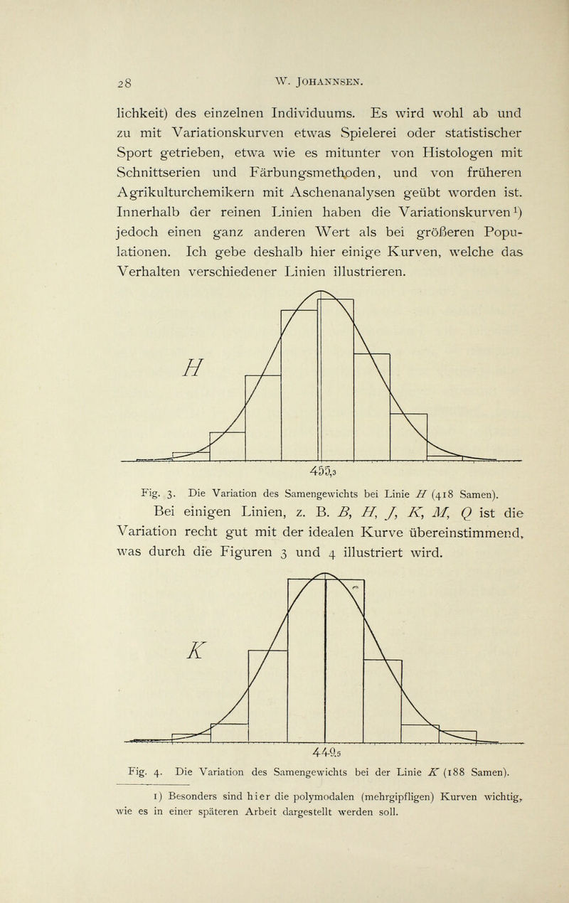 28 AV. JOHANNSEN. lichkeit) des einzelnen Individuums. Es wird wohl ab und zu mit Variationskurven etwas Spielerei oder statistischer Sport getrieben, etwa wie es mitunter von Histologen mit Schnittserien und Färbungsmethoden, und von früheren Agrikulturchemikern mit Aschenanalysen geübt w^orden ist. Innerhalb der reinen Linien haben die Variationskurven i) jedoch einen ganz anderen Wert als bei größeren Popu¬ lationen. Ich gebe deshalb hier einige Kurven, welche das Verhalten verschiedener Linien illustrieren. Fig. 3. Die Variation des Samengewichts bei Linie H (418 Samen). Bei einigen Linien, z. B. B, H, J, K, M, Q ist die Variation recht gut mit der idealen Kurve übereinstimmend, was durch die Figuren 3 und 4 illustriert wird. Fig. 4. Die Variation des Saraengewichts bei der Linie К (i88 Samen). i) Besonders sind hier die polymodalen (mehrgipfligen) Kurven wichtig, wie es in einer späteren Arbeit dargestellt werden soll.